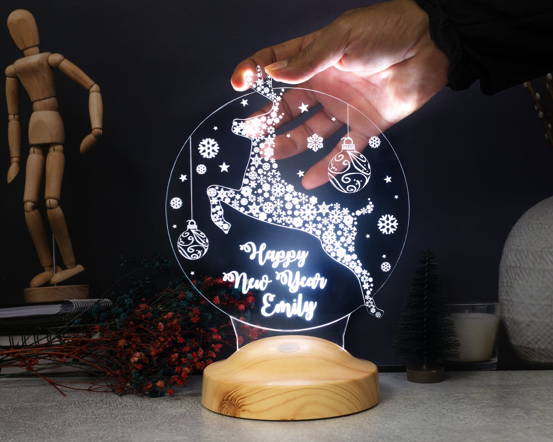 Christmas Deer Personalized Lamp With Engraving Custom Text Gift Box
