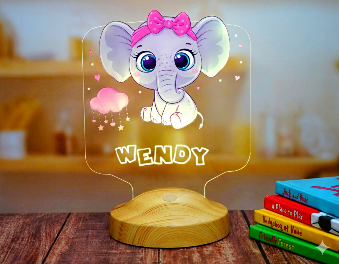Baby elephant baby gift, elephant LED lamp as a bedside table for the children's room with name engraving, Christmas gift for girls or boys