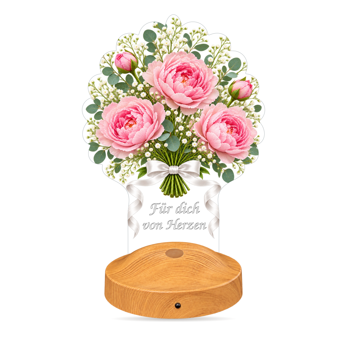 LED-Blumenlampe mit rosa Pfingstrosen und zwei personalisierbaren Textzeilen