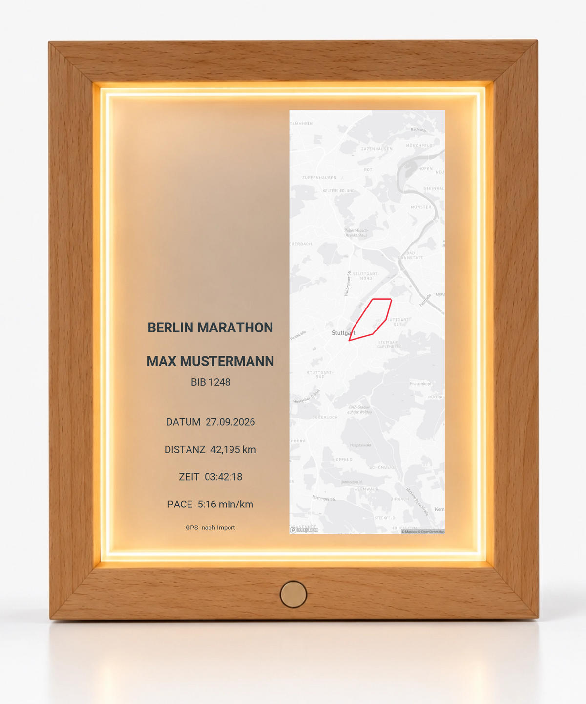 Beispielansicht: transparentes Textfeld, helle Streckenkarte. Ohne eingesetzte Medaille; Beispielroute.