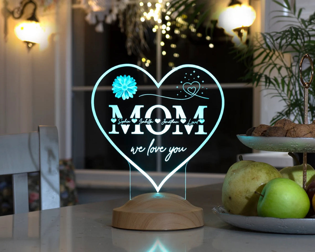 heart-shaped personalized LED gift lamp for mother, mom with high-quality laser engraving as a mother's day gift