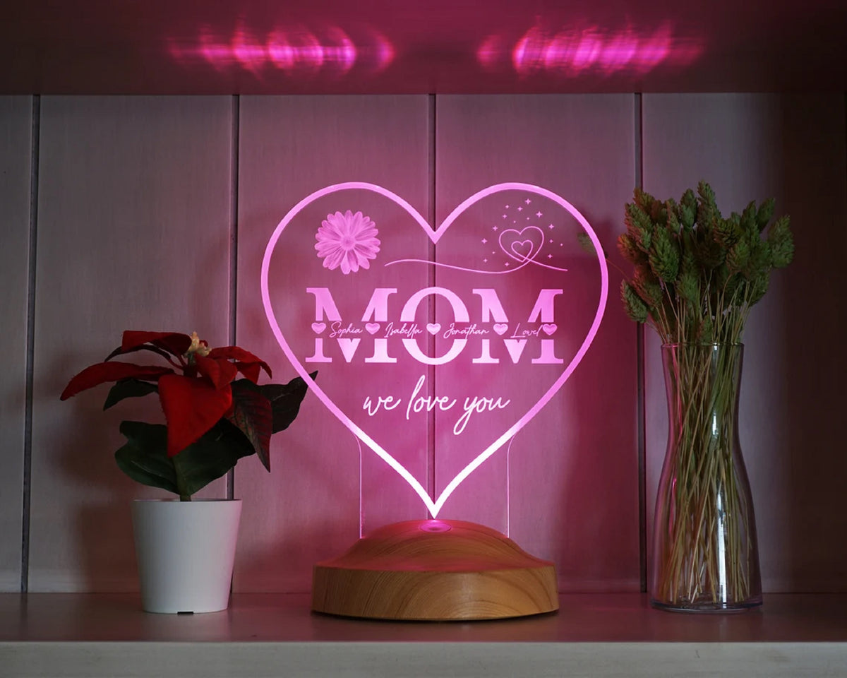 heart-shaped personalized LED gift lamp for mother, mom with high-quality laser engraving as a mother's day gift