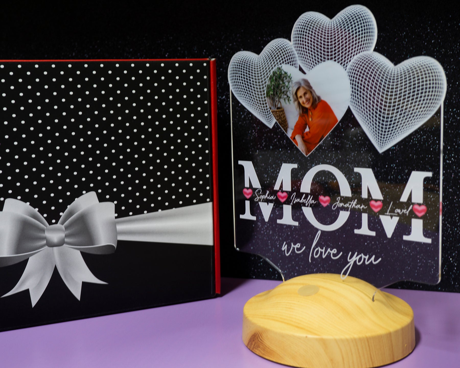 Four hearts personalized LED photo lamp for mother, mom with high-quality UV printing as a mother's day gift