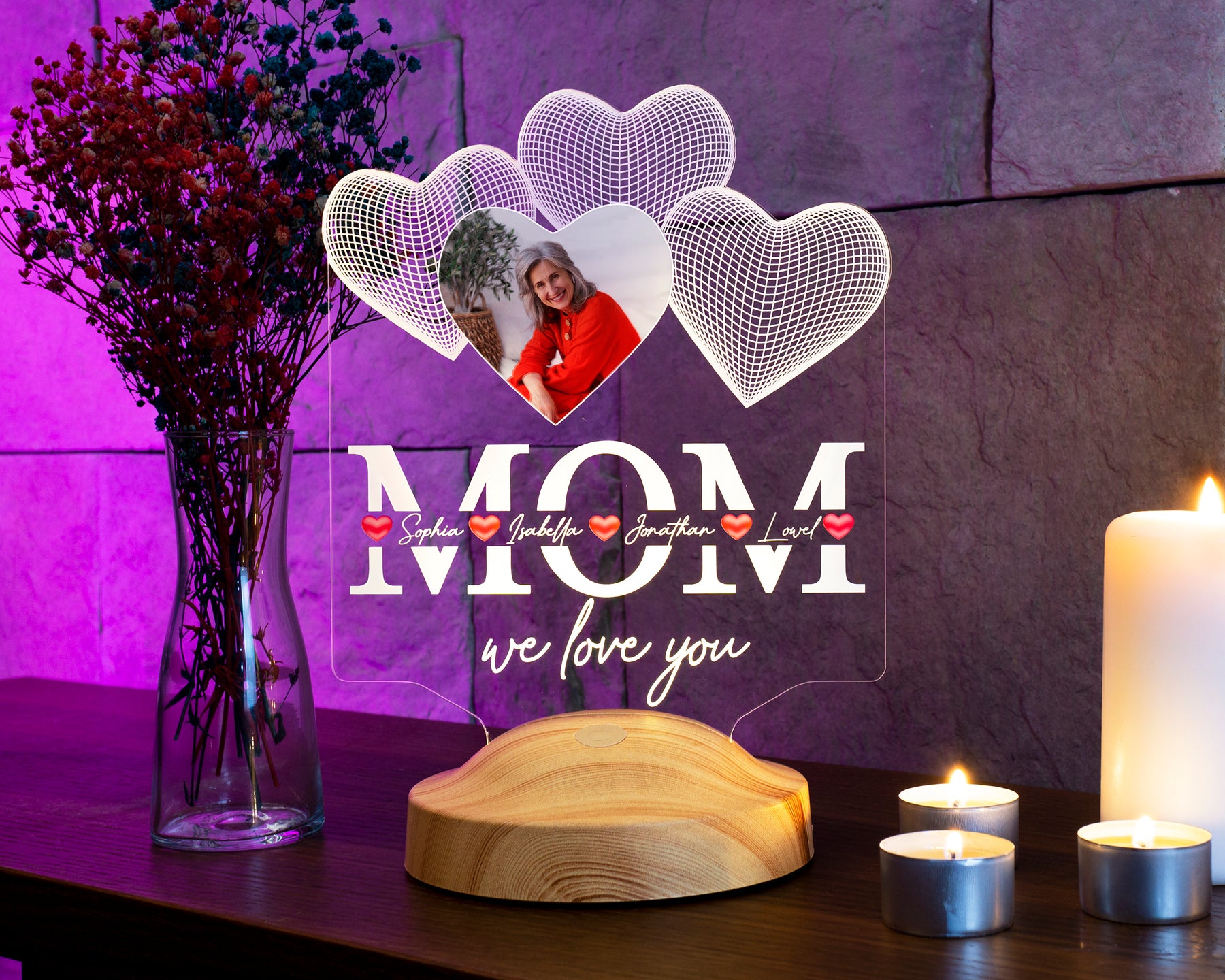 Four hearts personalized LED photo lamp for mother, mom with high-quality UV printing as a mother's day gift