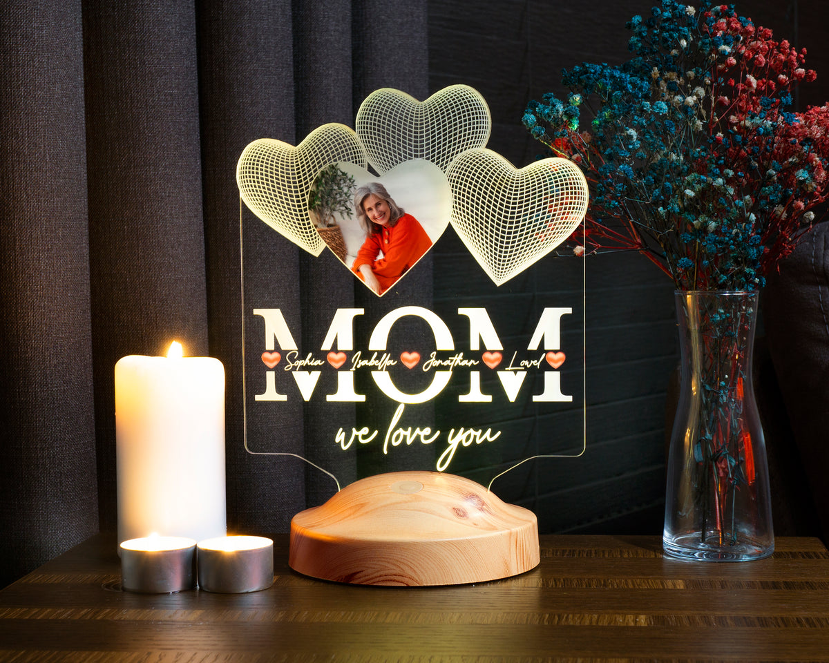 Four hearts personalized LED photo lamp for mother, mom with high-quality UV printing as a mother's day gift