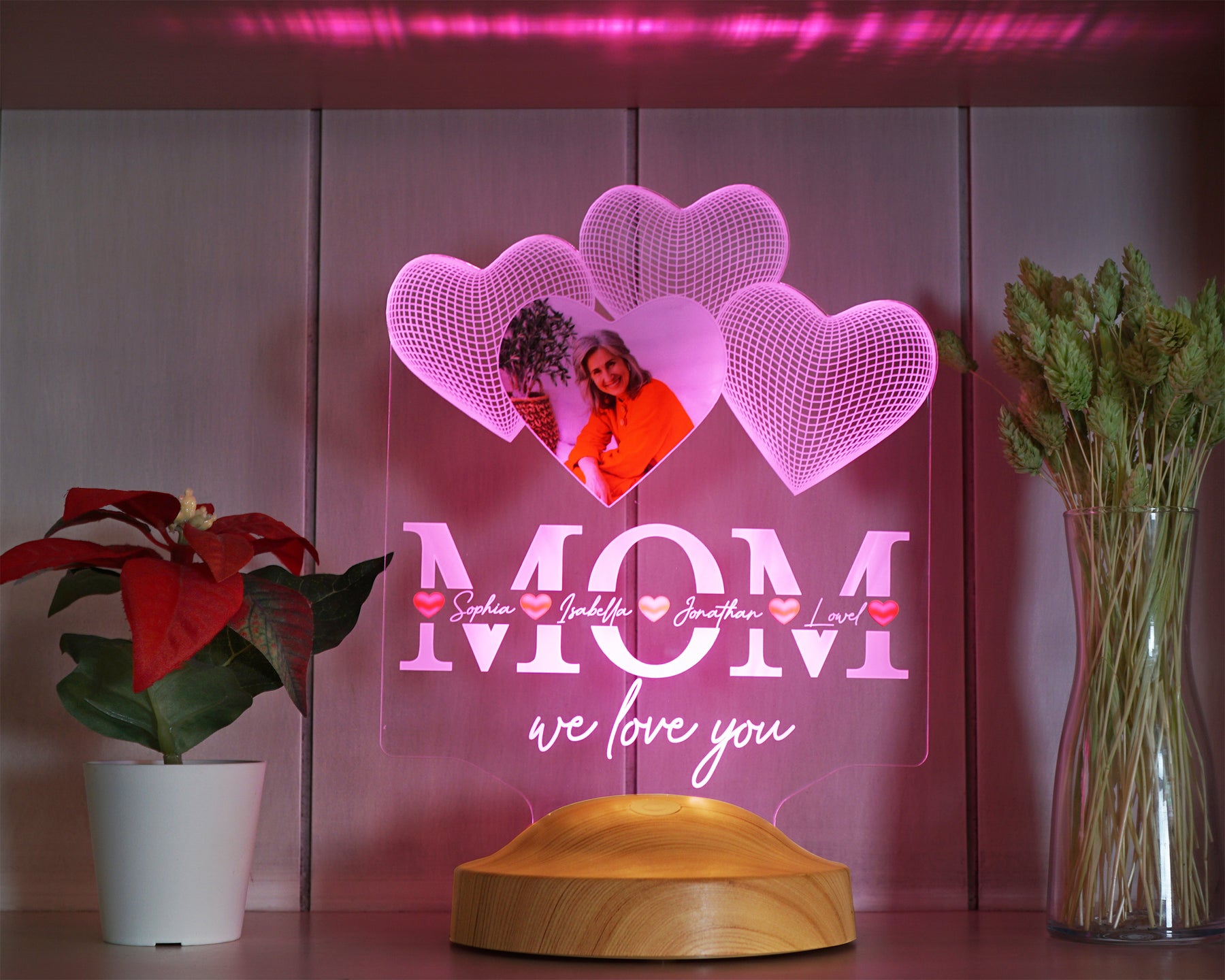 Four hearts personalized LED photo lamp for mother, mom with high-quality UV printing as a mother's day gift