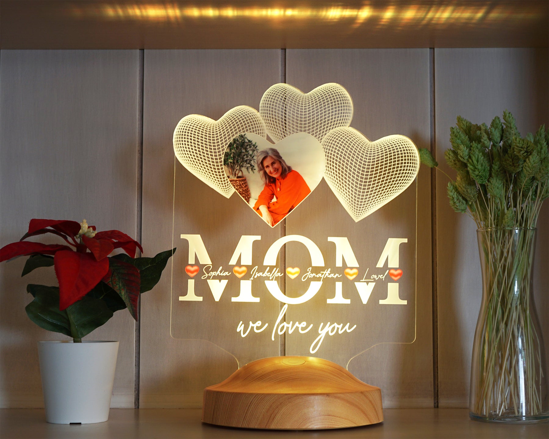 Four hearts personalized LED photo lamp for mother, mom with high-quality UV printing as a mother's day gift