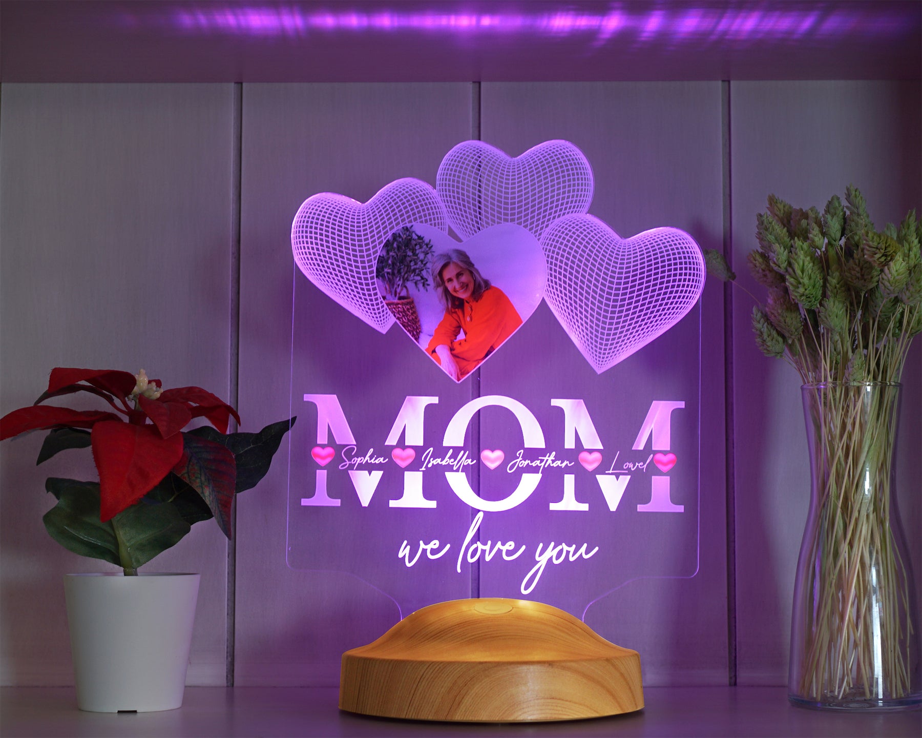 Four hearts personalized LED photo lamp for mother, mom with high-quality UV printing as a mother's day gift