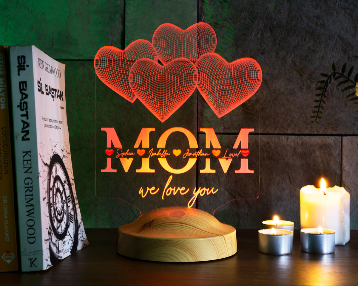 Four Hearts Personalized LED Gift Lamp for Mom Mom with High Quality UV Printing as Mother's Day Gift