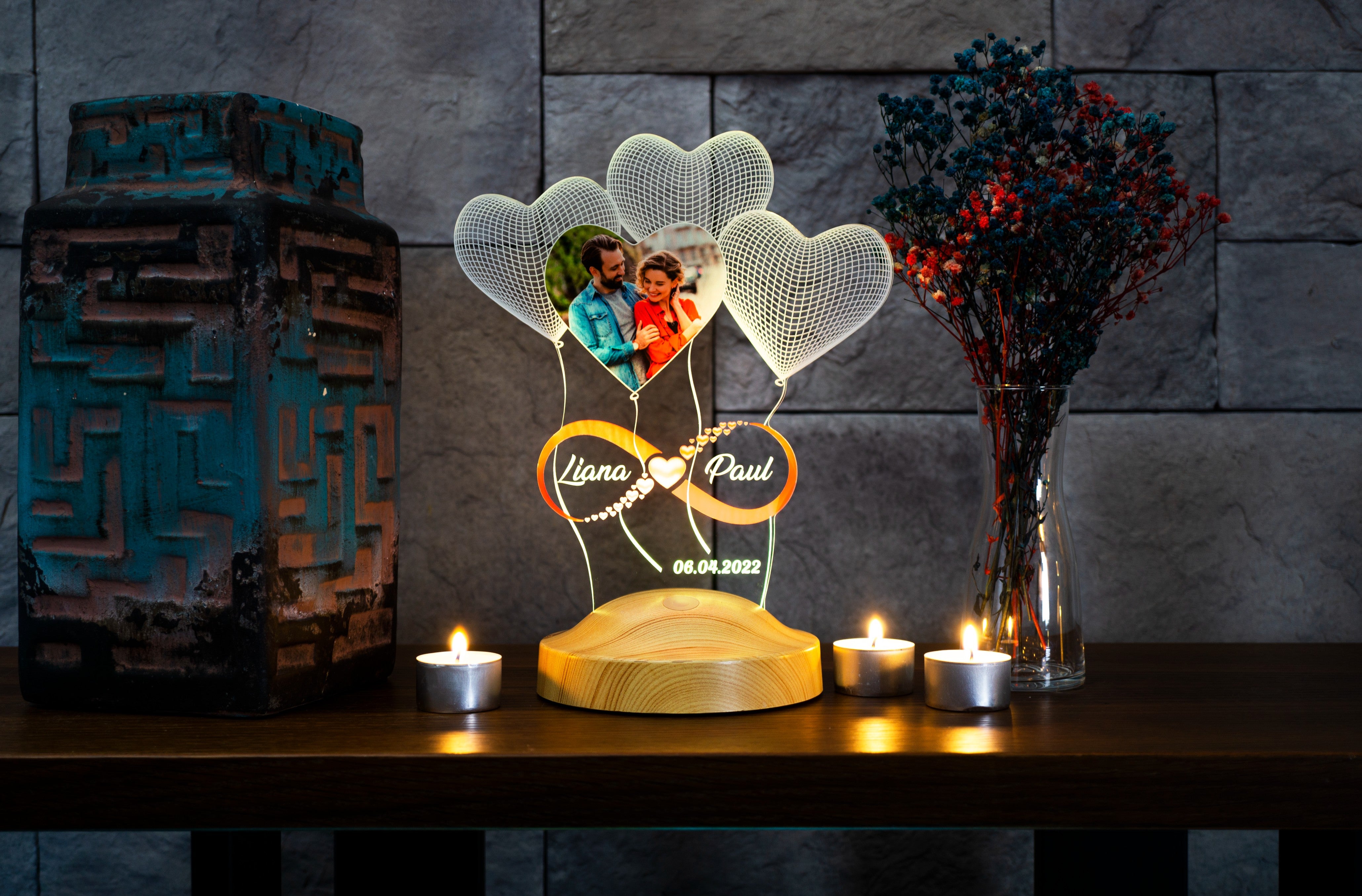Personalized Rotating (HEART ) Table Lamp with LED Light [[ Best Gift for  Wedding, Anniversary, Birthday, Couple, Home Decor, Valentine, BFF