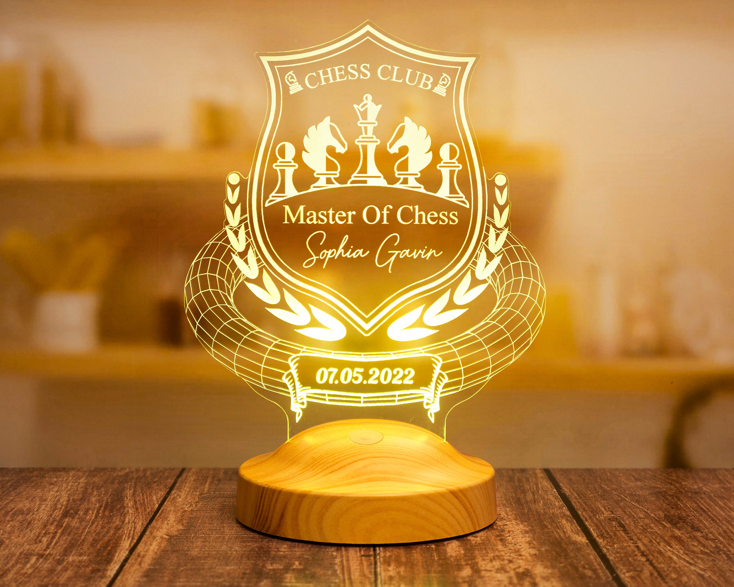 Chess lovers, chess gift for chess players, 3D LED lamp as a chess trophy, for chess professionals and chess tournaments