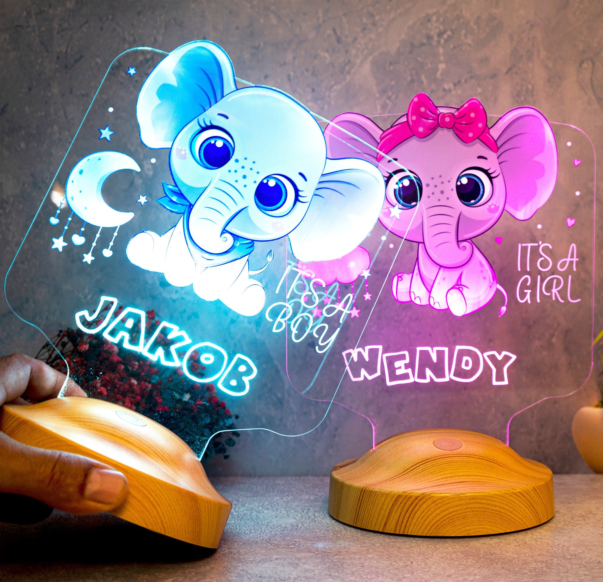 Baby elephant baby gift, elephant LED lamp as a bedside table for the children's room with name engraving, Christmas gift for girls or boys