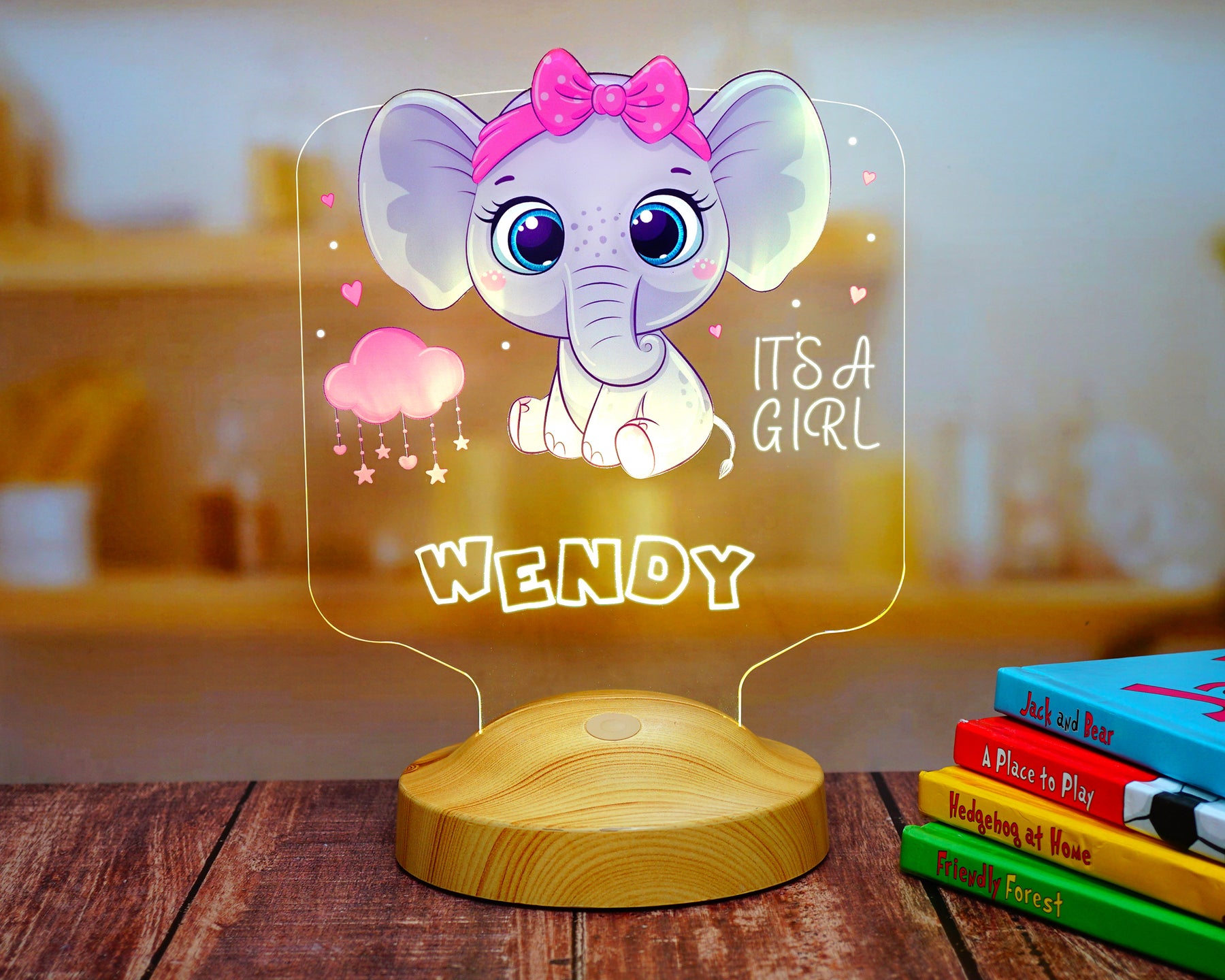 Baby elephant baby gift, elephant LED lamp as a bedside table for the children's room with name engraving, Christmas gift for girls or boys