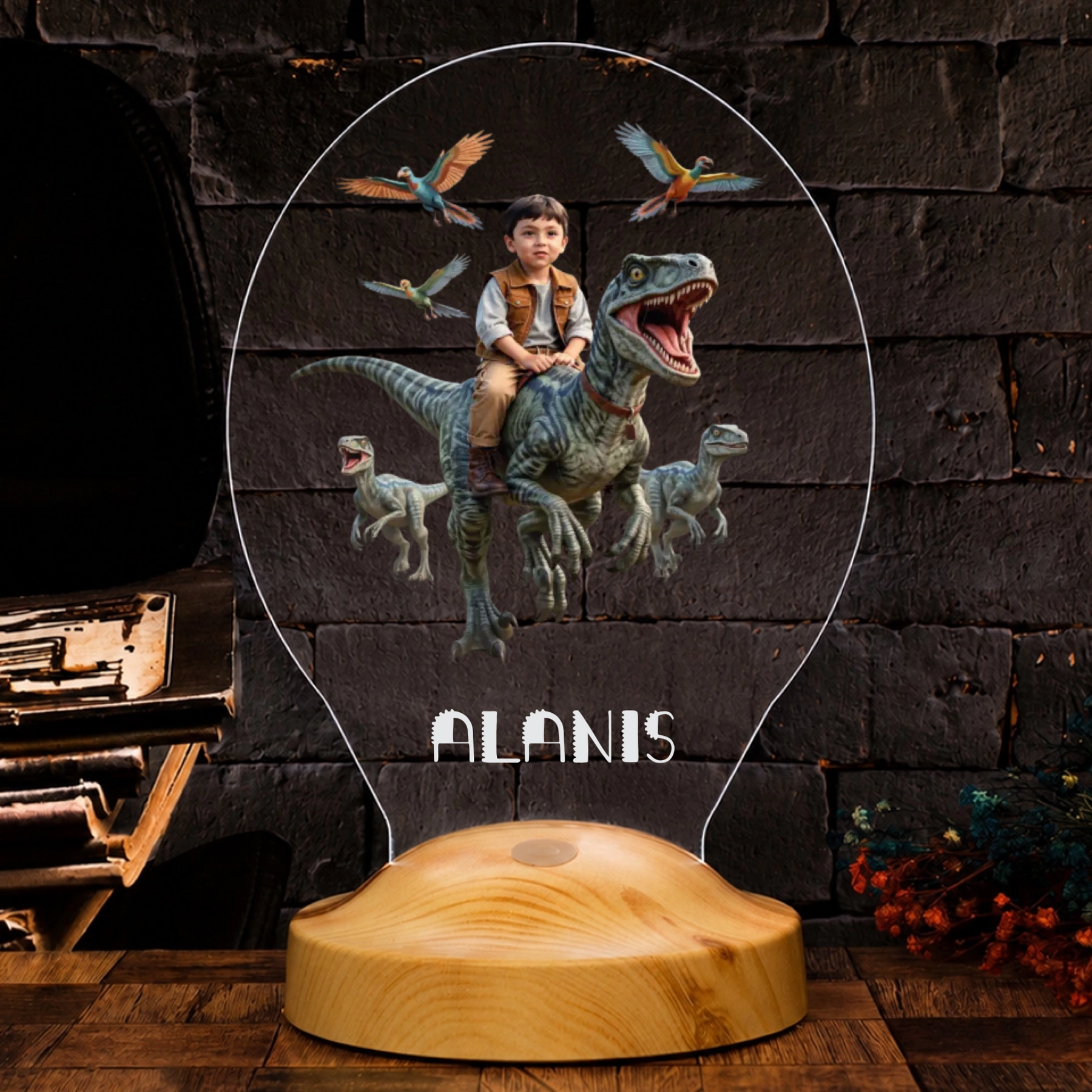 Personalisierte KI LED Lampe – Dein Foto auf einem T-Rex