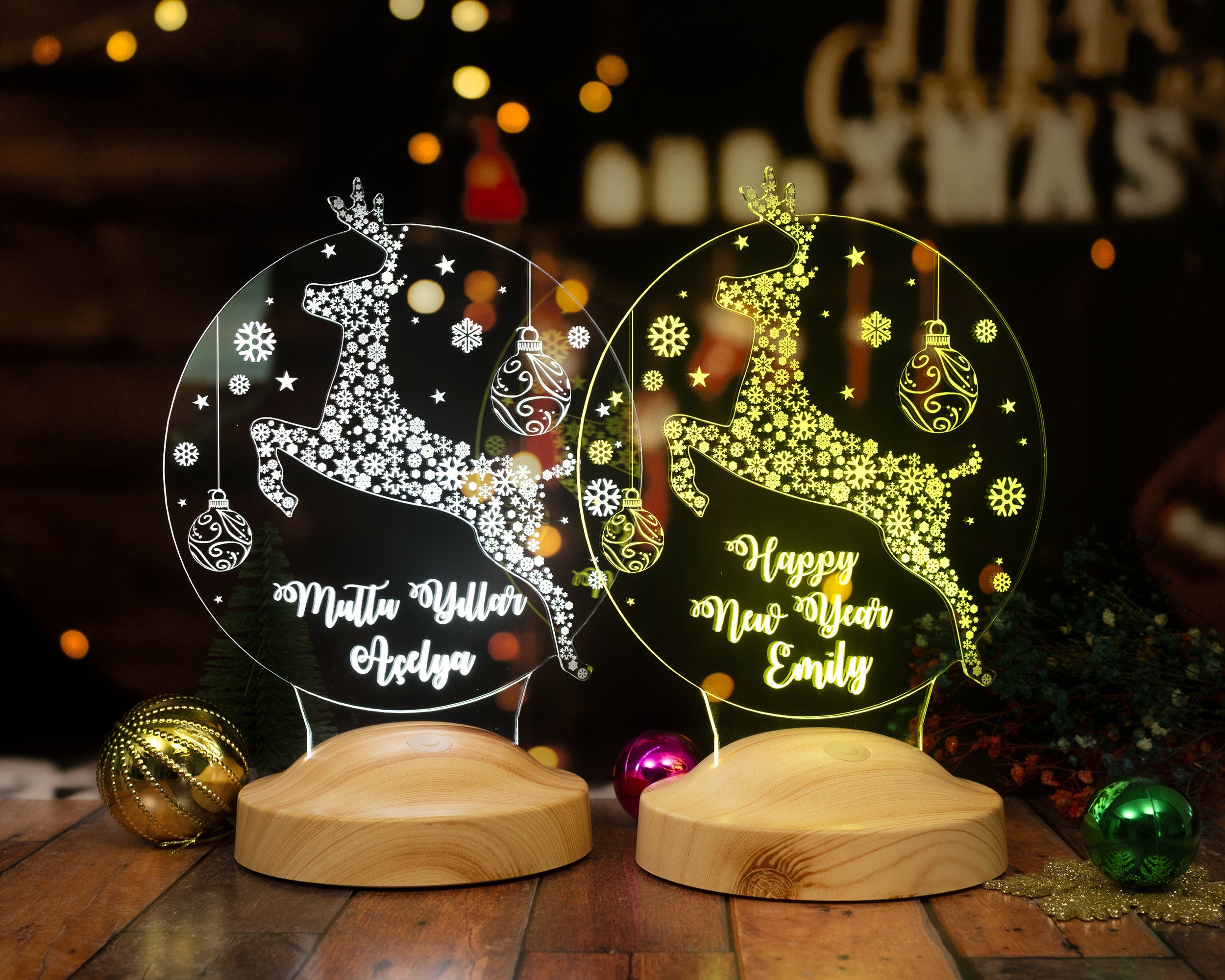 Christmas Deer Personalized Lamp With Engraving Custom Text Gift Box