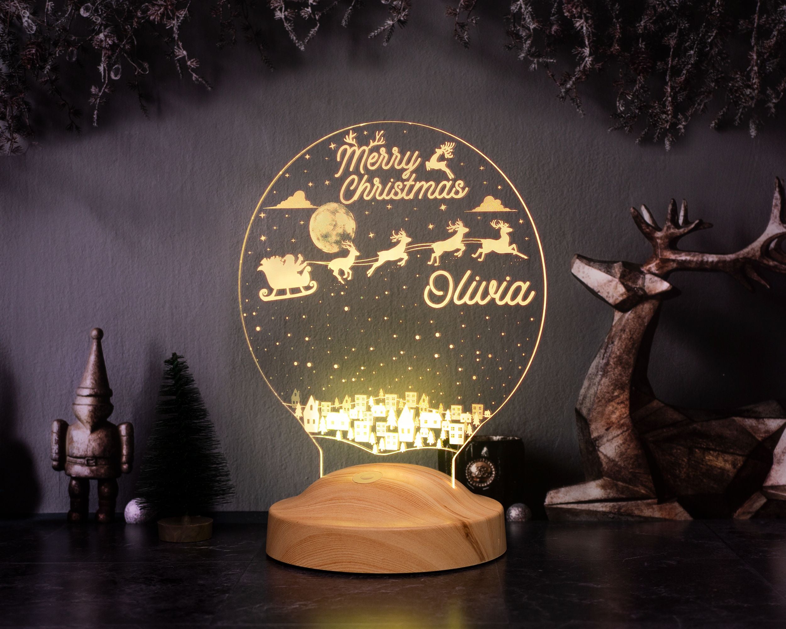 Santa Claus with reindeer Personalized lamp with engraving of your choice Gift box