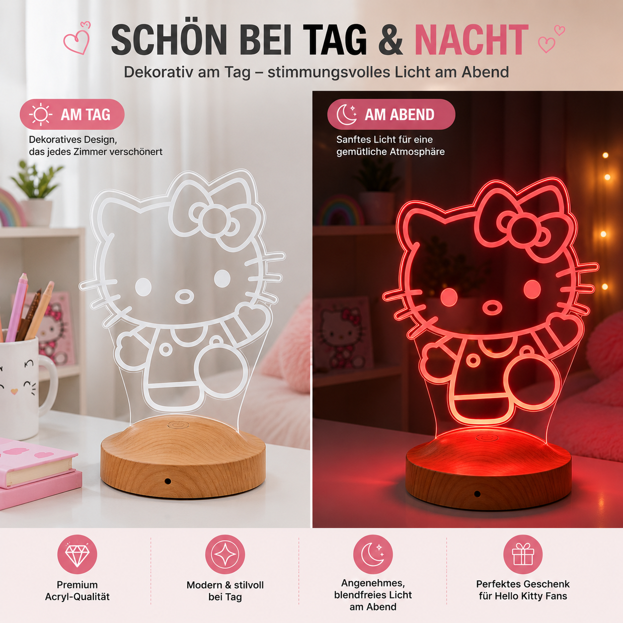 Personalisierte  Hello Kitty 3D Nachtlampe | Geschenk für Mädchen | Kinderzimmer Deko | Babyzimmer
