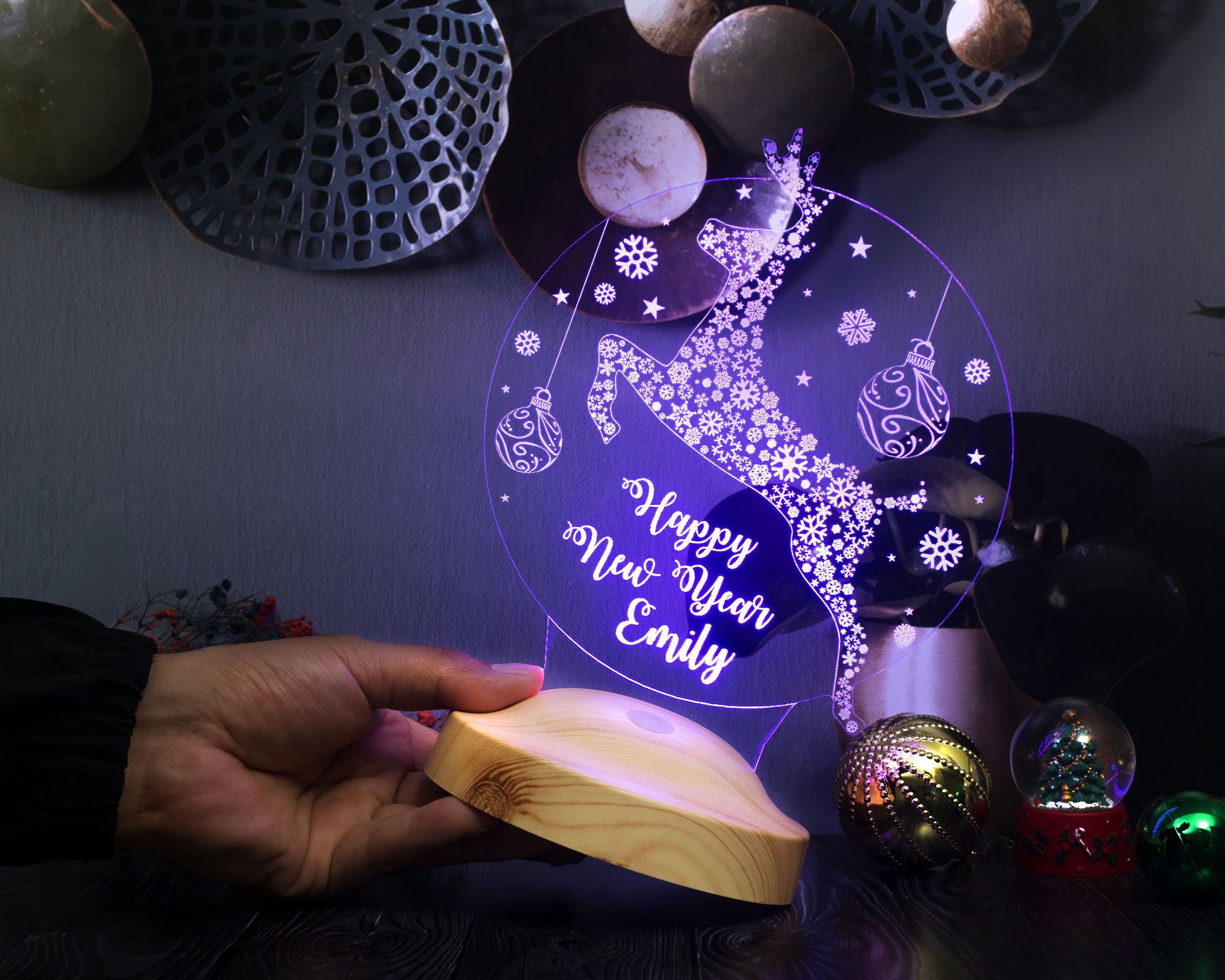 Christmas Deer Personalized Lamp With Engraving Custom Text Gift Box