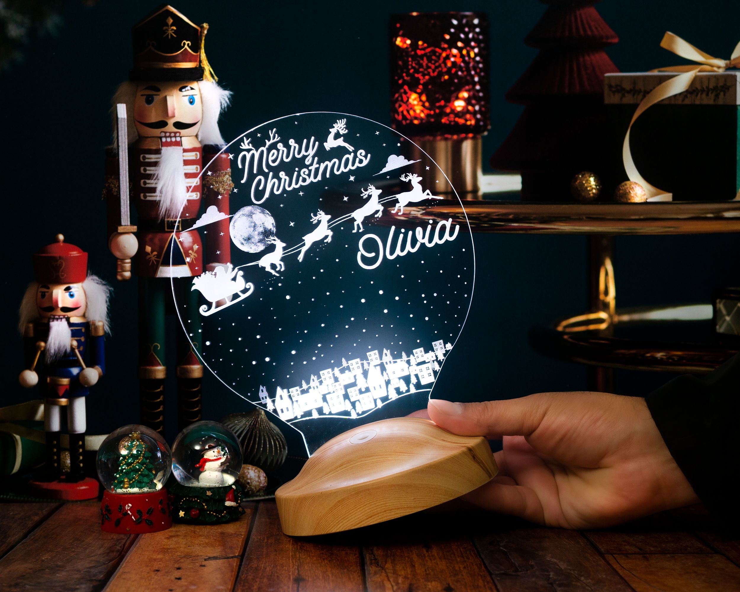 Santa Claus with reindeer Personalized lamp with engraving of your choice Gift box