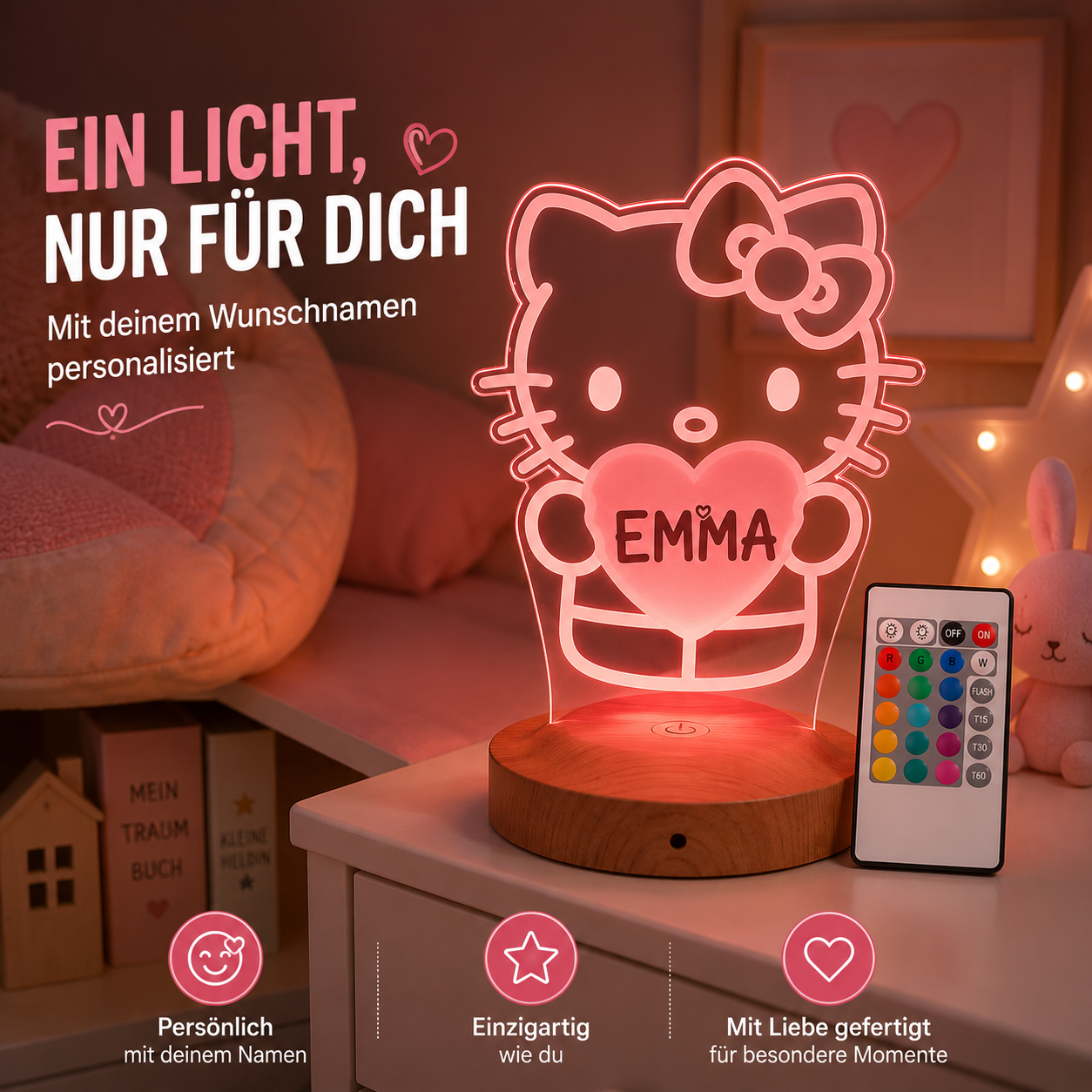 Personalisierte  Hello Kitty 3D Nachtlampe | Geschenk für Mädchen | Kinderzimmer Deko | Babyzimmer