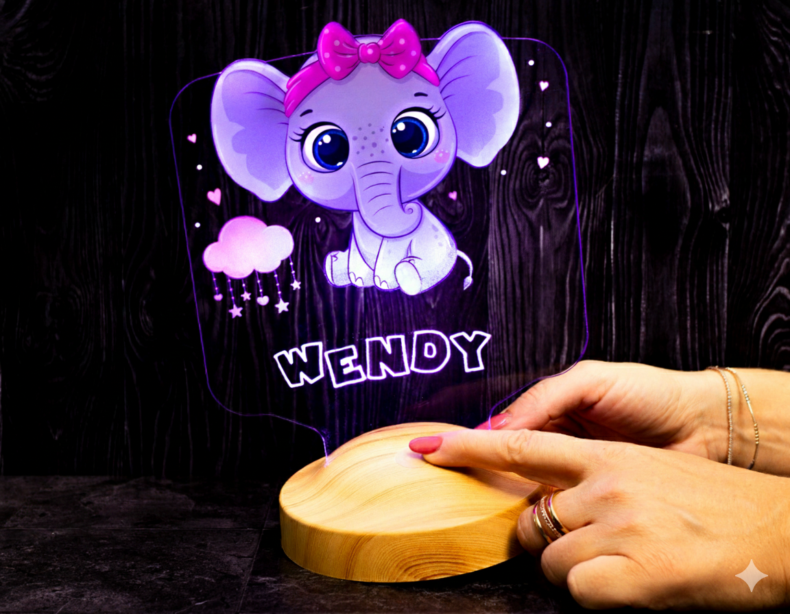 Baby elephant baby gift, elephant LED lamp as a bedside table for the children's room with name engraving, Christmas gift for girls or boys