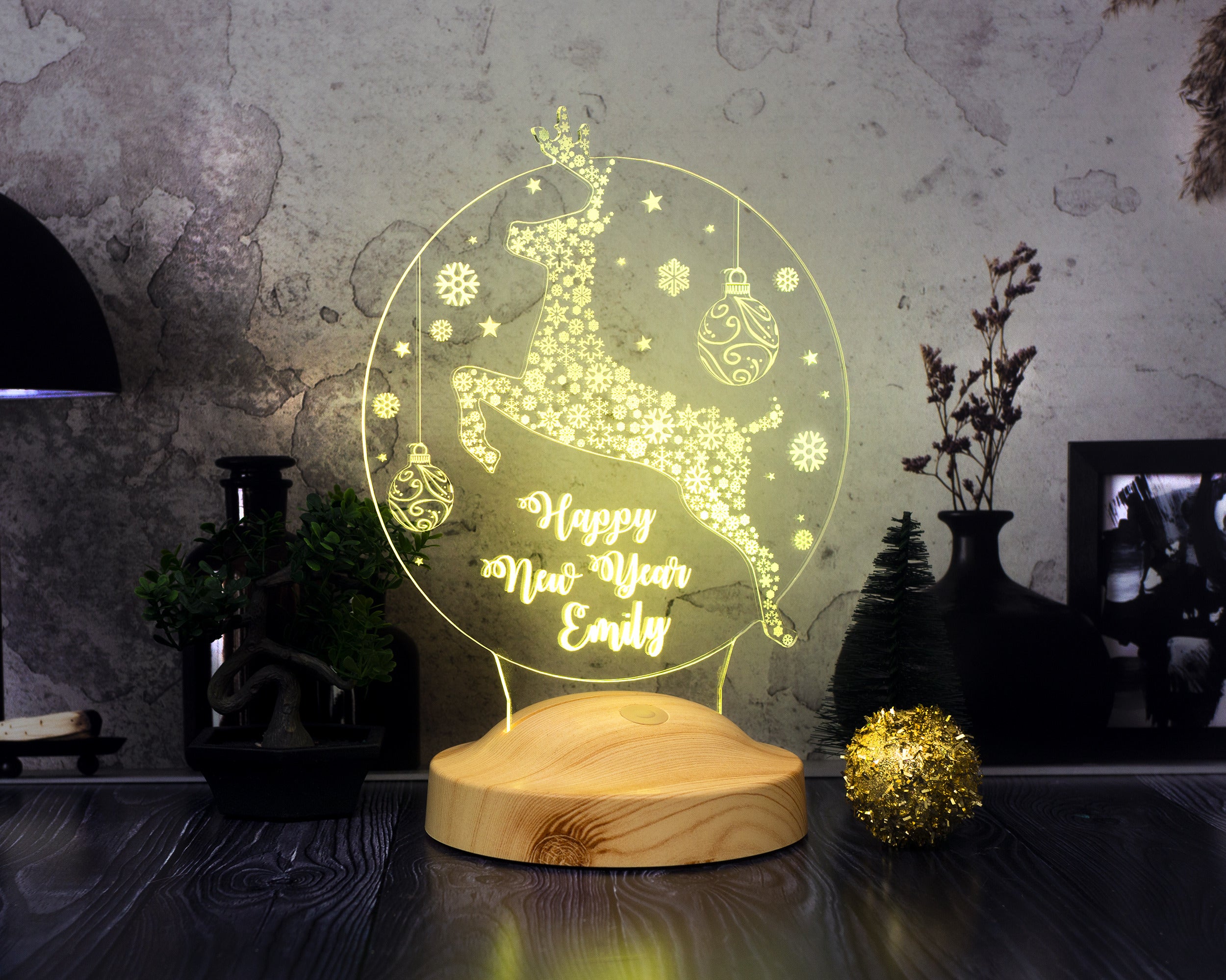 Christmas Deer Personalized Lamp With Engraving Custom Text Gift Box