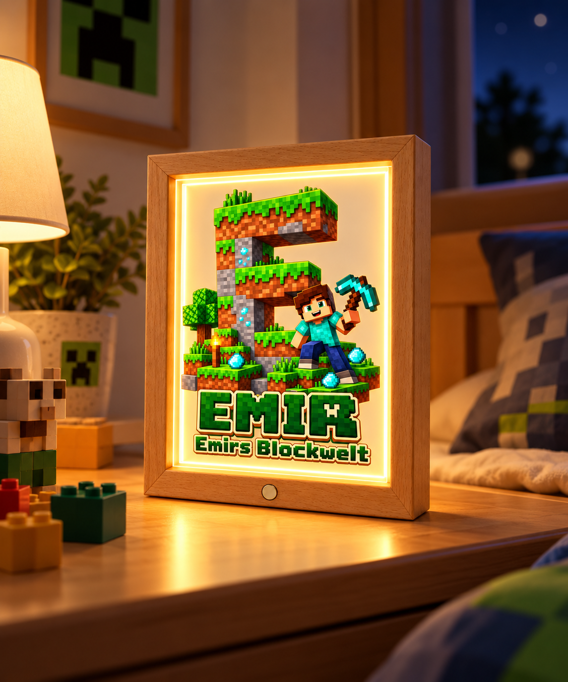 Blockwelt Holzrahmenlampe mit warmem Licht im Kinderzimmer