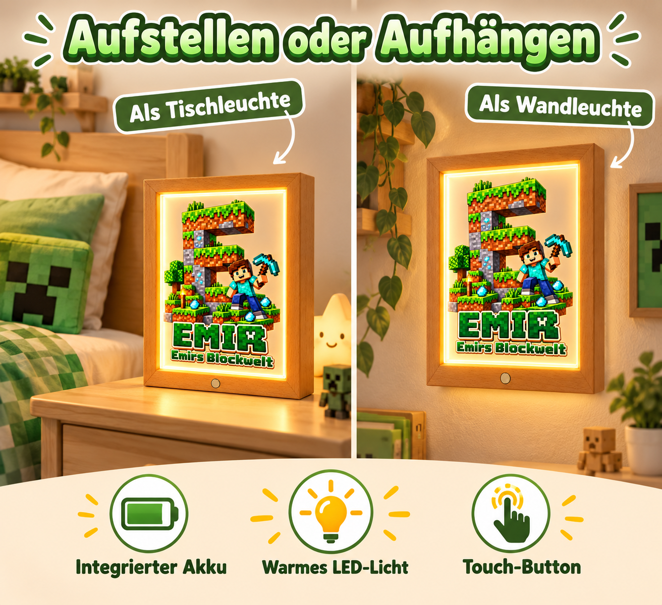 Blockwelt Lampe zum Aufstellen oder Aufhängen mit Akku und Touch-Button