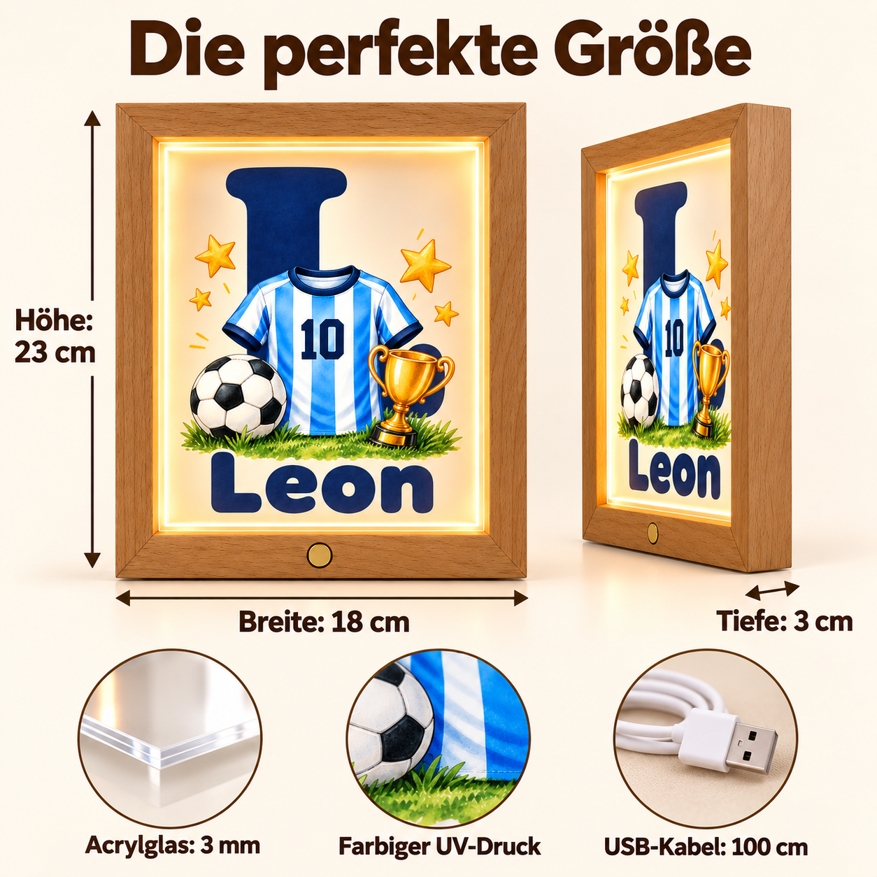 fussball Holzrahmen Nachtlicht Maße 23 x 18 x 3 cm