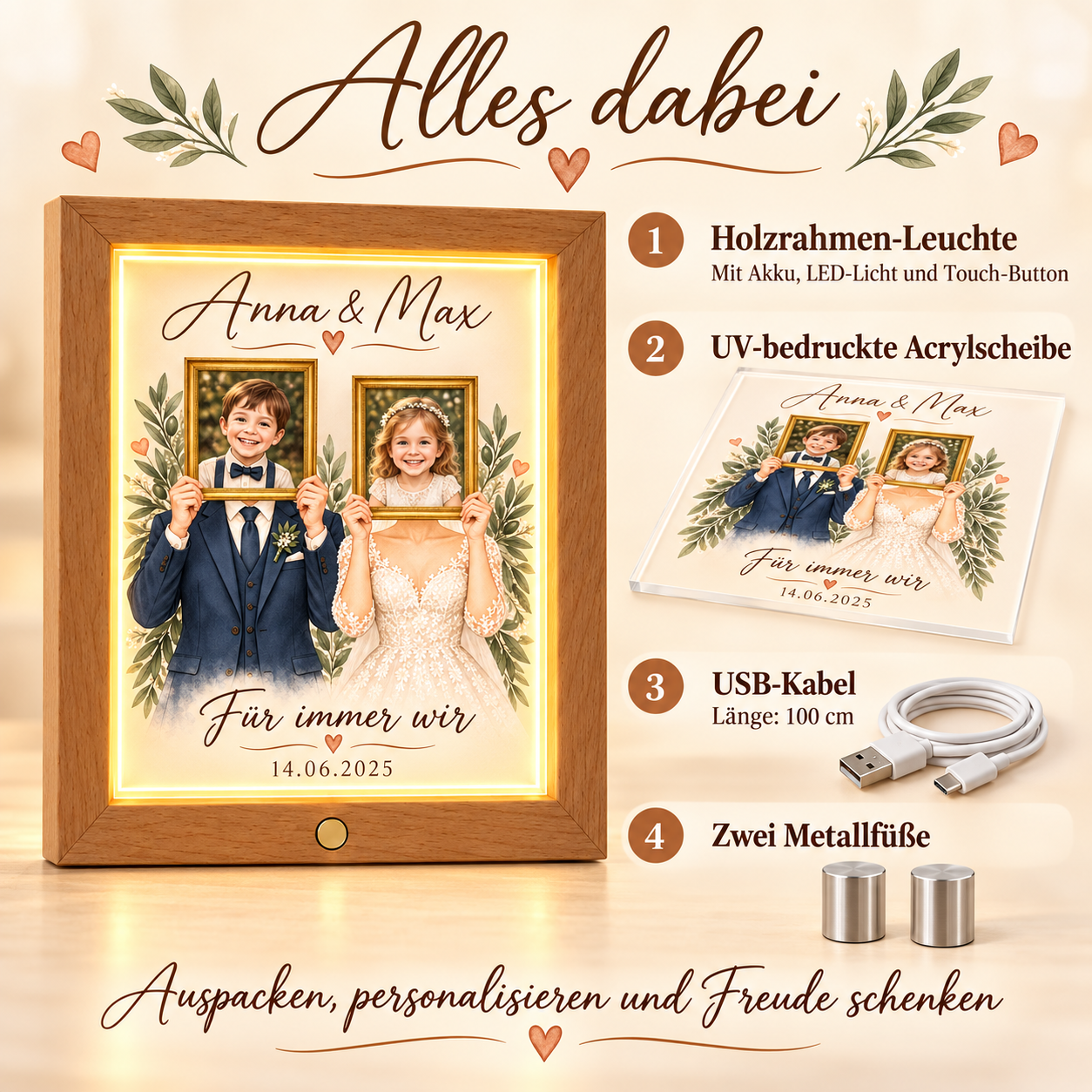 Lieferumfang der Holzrahmen-Leuchte