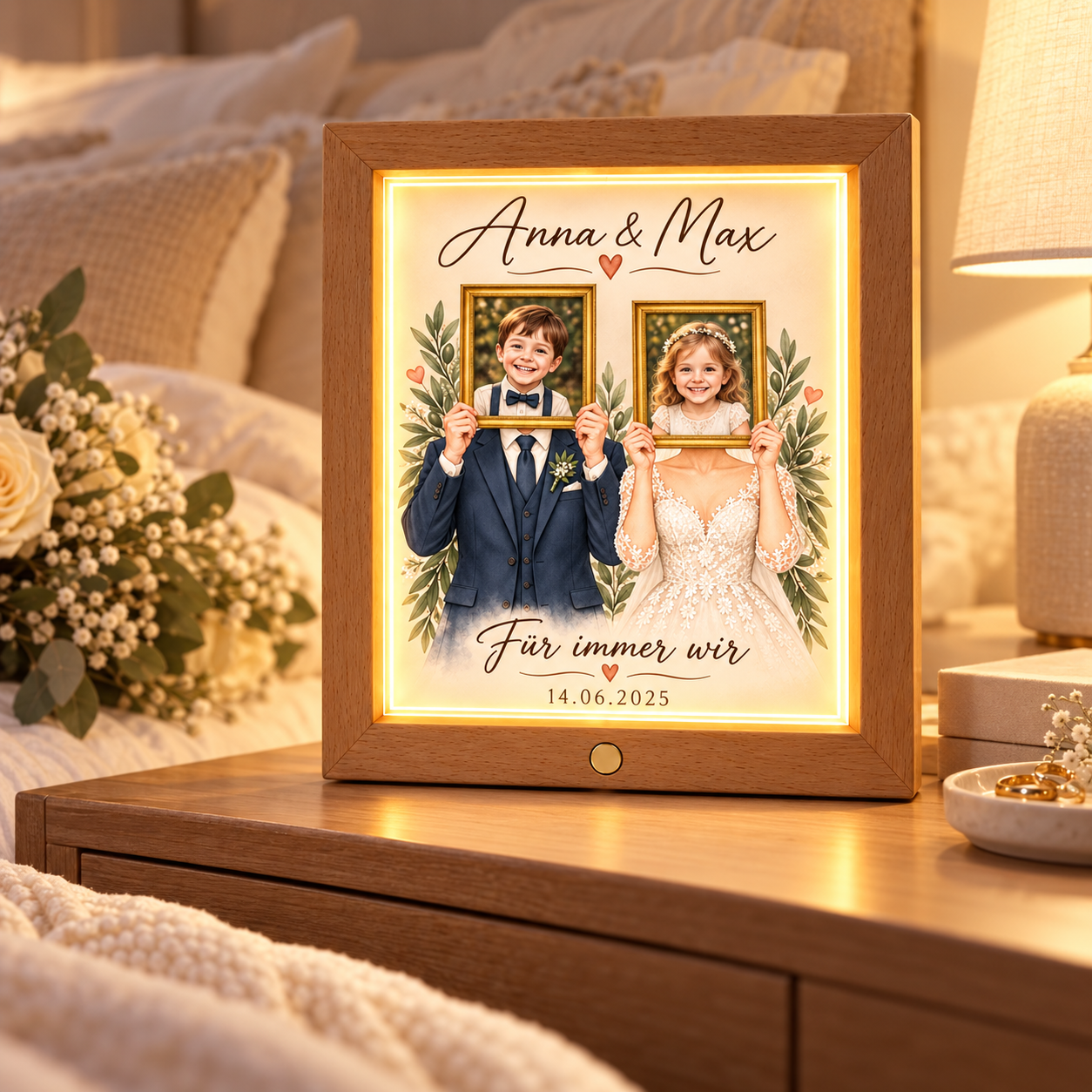 hochzeit Holzrahmen Nachtlicht im Schlafzimmer