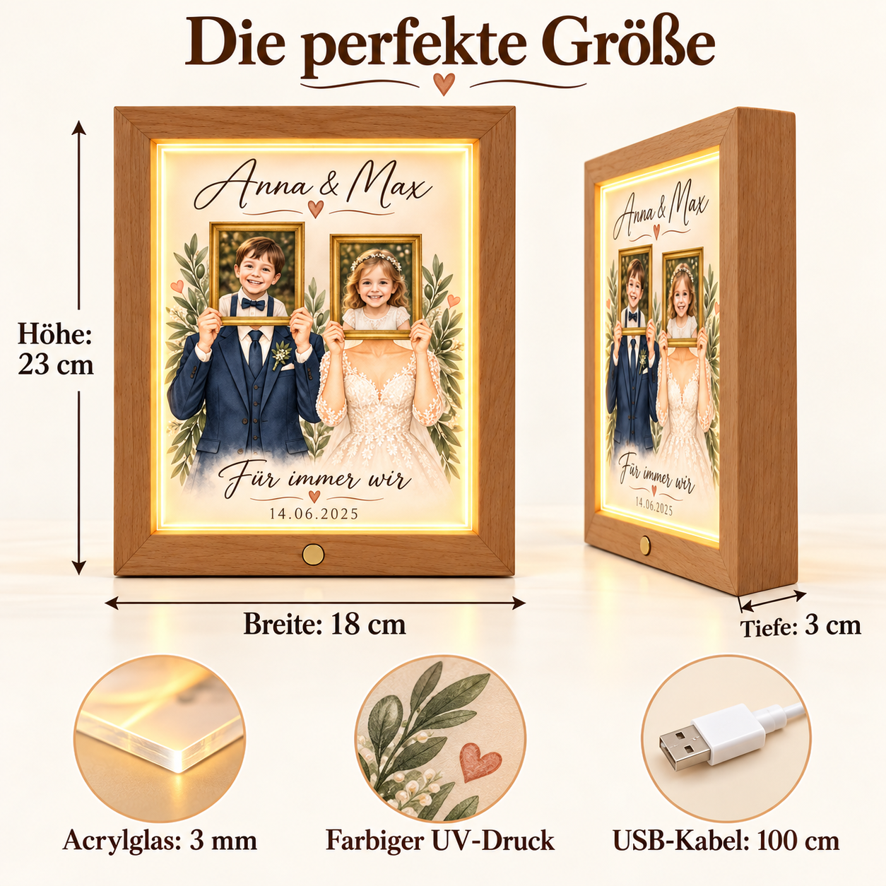 hochzeit Holzrahmen Nachtlicht Maße 23 x 18 x 3 cm