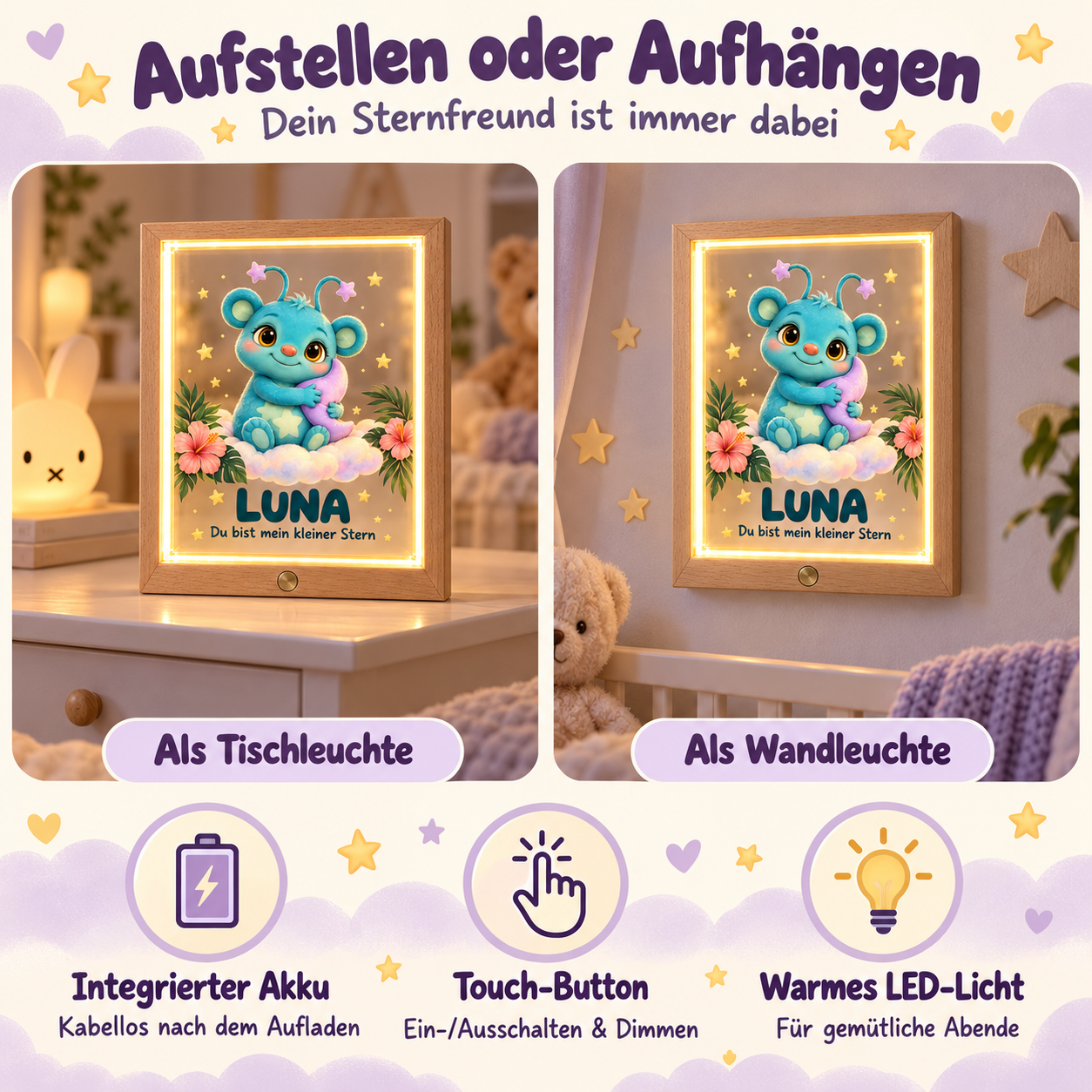 Zum Aufstellen oder Aufhängen, Akku und Touch-Button