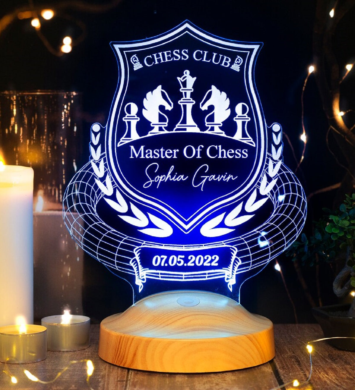 Chess lovers, chess gift for chess players, 3D LED lamp as a chess trophy, for chess professionals and chess tournaments