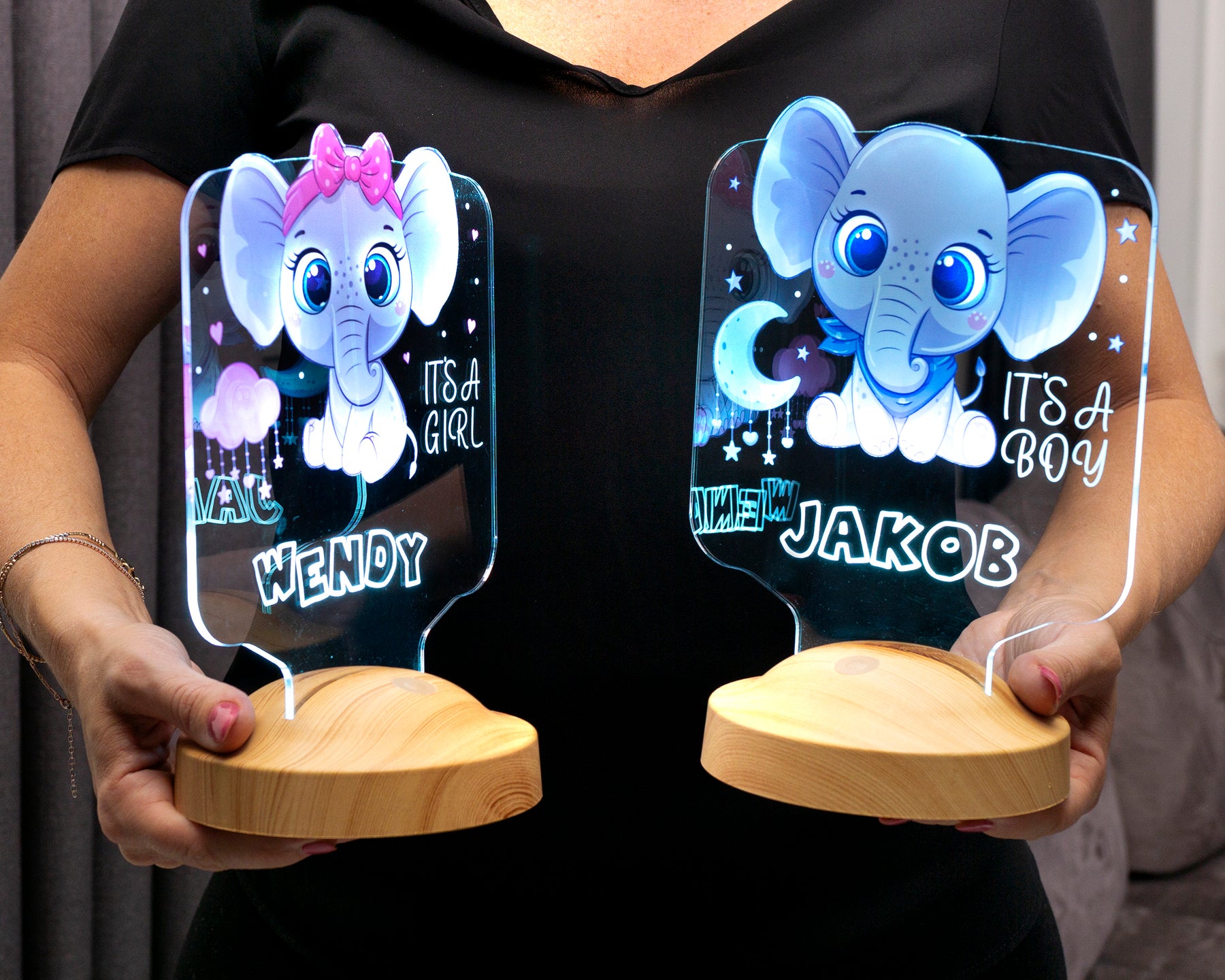 Baby elephant baby gift, elephant LED lamp as a bedside table for the children's room with name engraving, Christmas gift for girls or boys