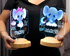 Baby elephant baby gift, elephant LED lamp as a bedside table for the children's room with name engraving, Christmas gift for girls or boys