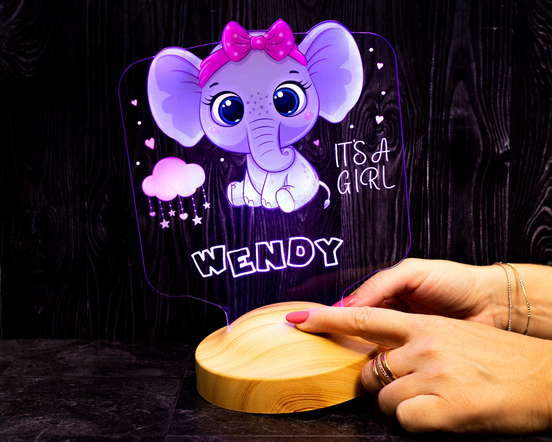 Baby elephant baby gift, elephant LED lamp as a bedside table for the children's room with name engraving, Christmas gift for girls or boys