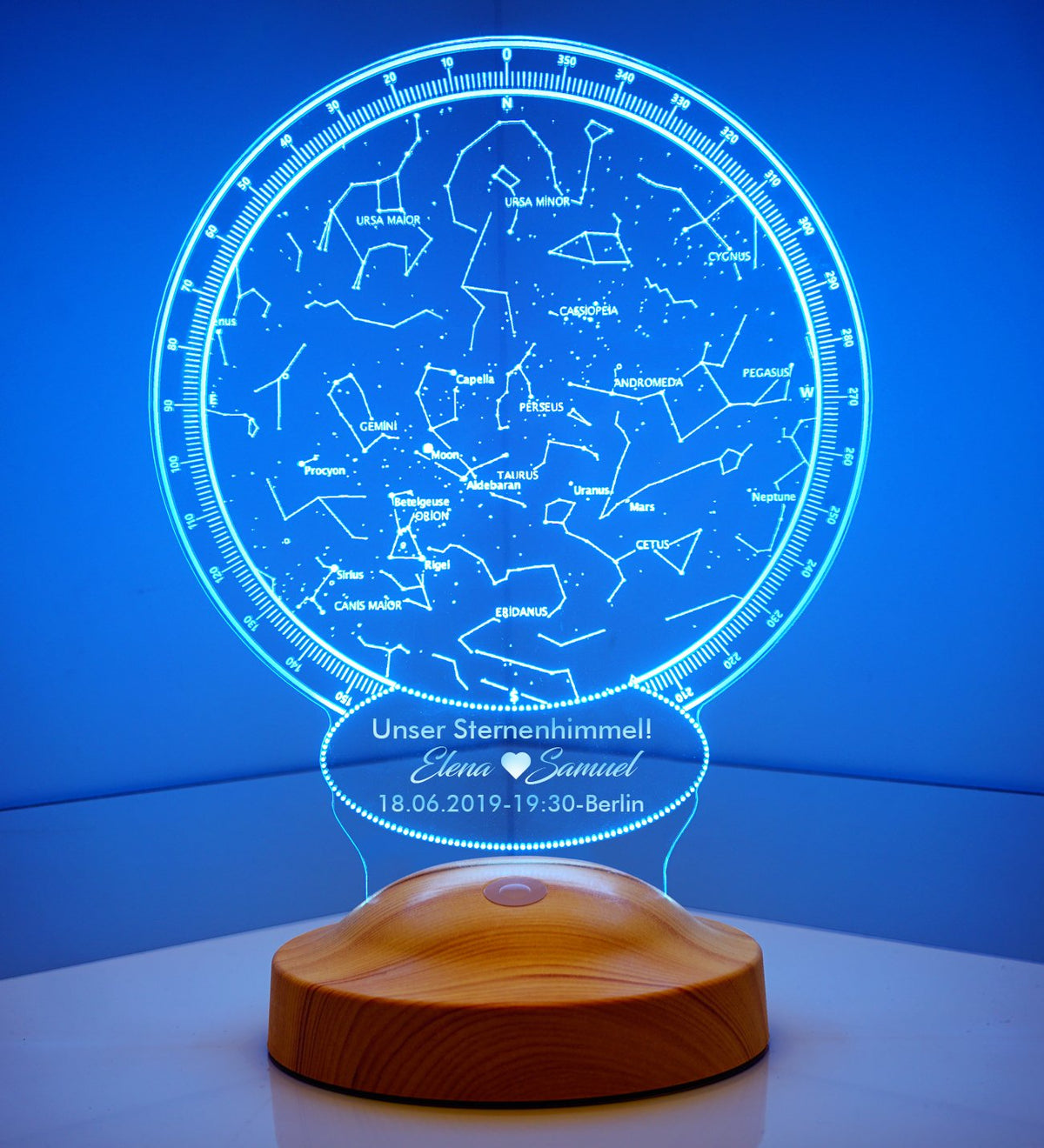 The personal star lamp for the birth with desired text