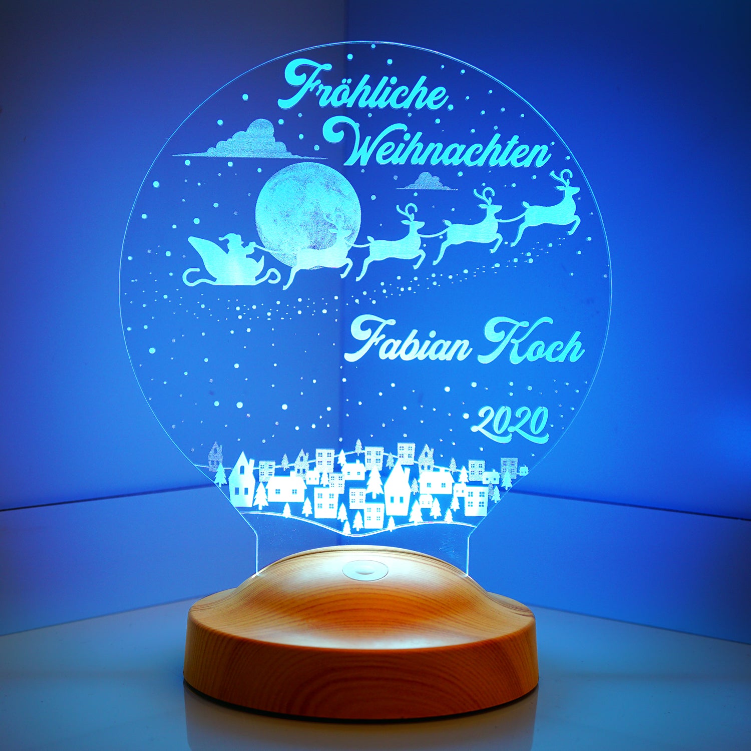 Santa Claus with reindeer Personalized lamp with engraving of your choice Gift box