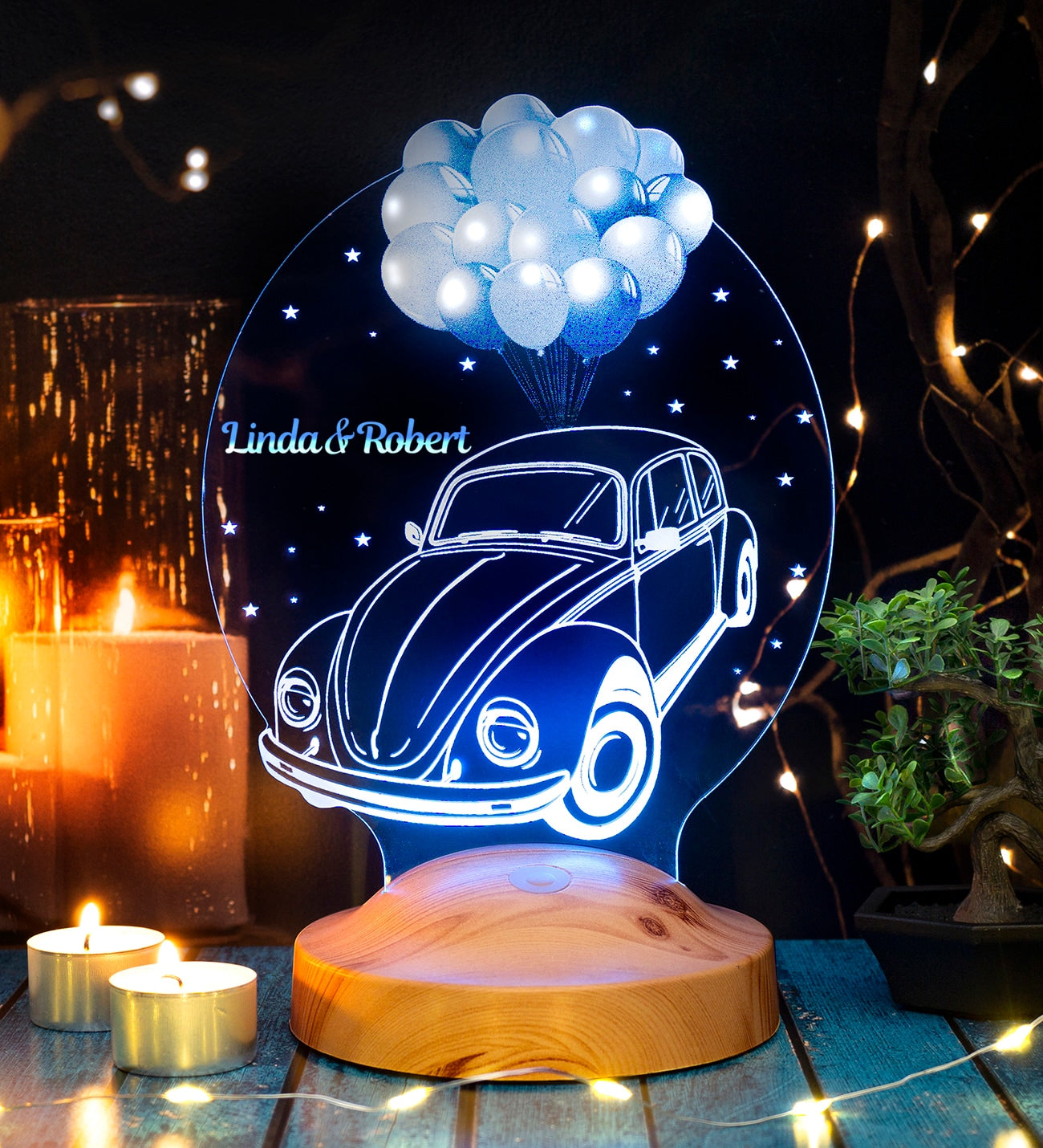 Gift item LED lamp with engraving, gift idea for nostalgic automobile fans