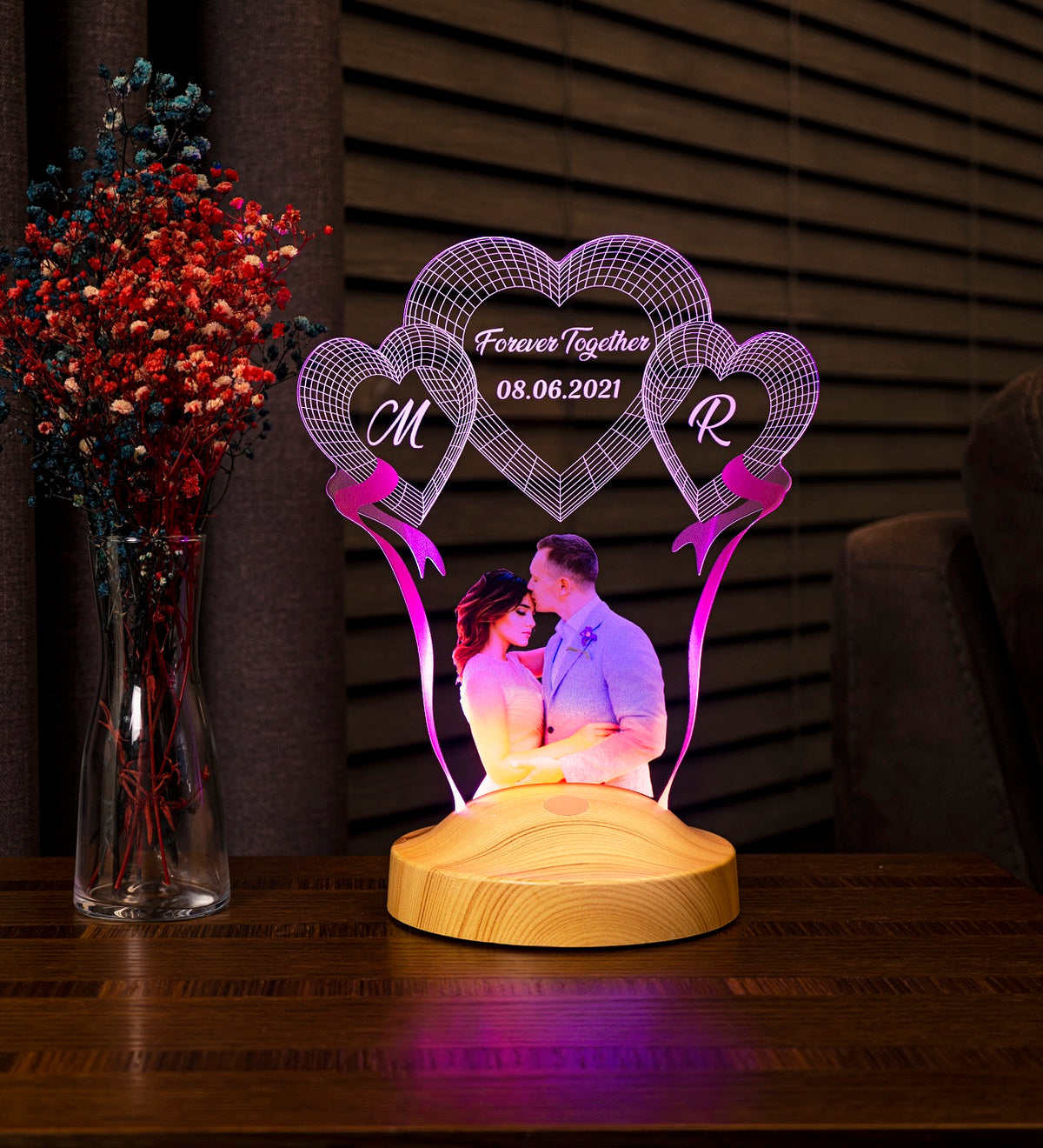 Photo lamp with desired text &amp; your own picture with high quality UV print 3D vision LED night light for wedding or Mother's Day 