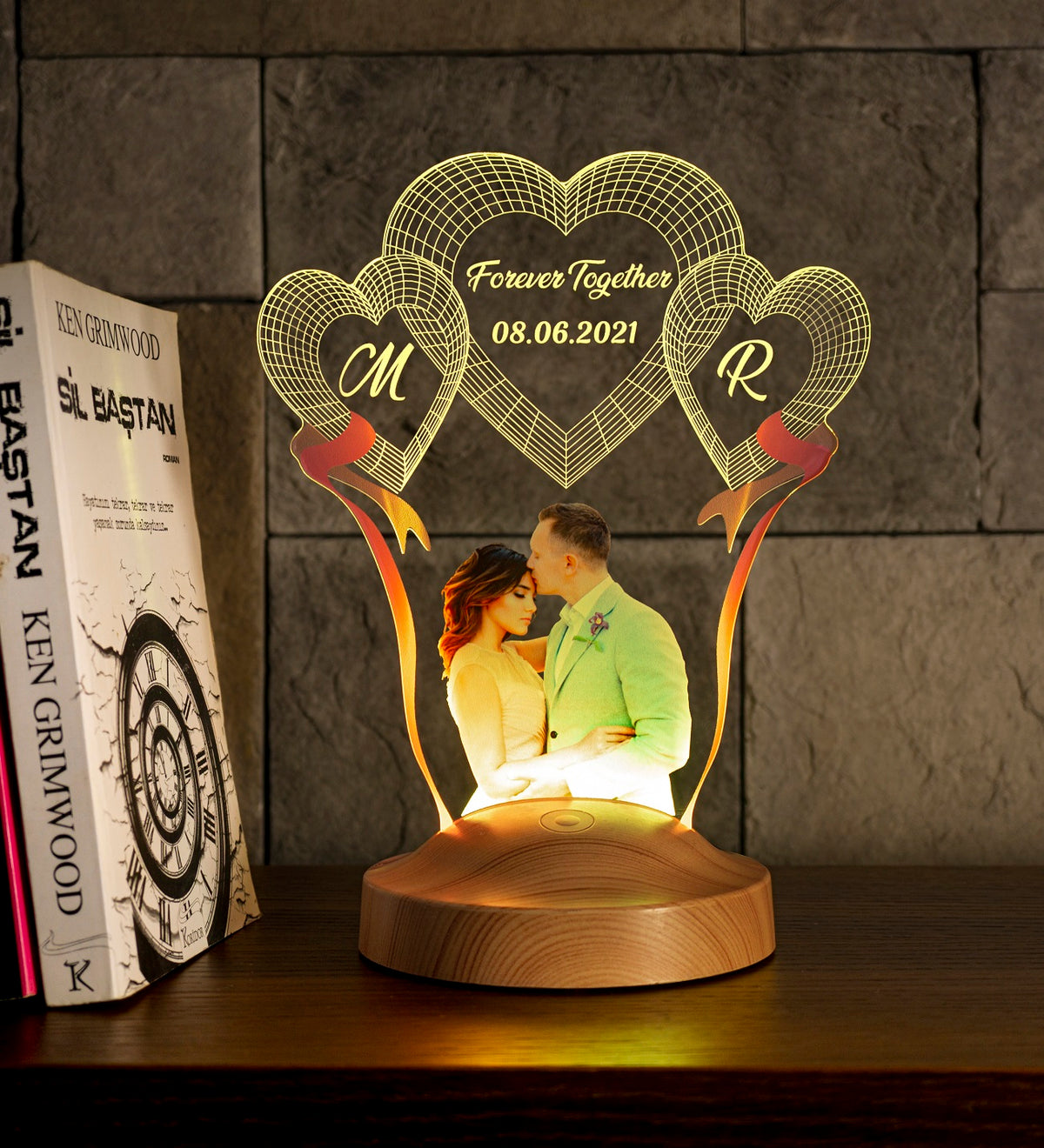 Photo lamp with desired text &amp; your own picture with high quality UV print 3D vision LED night light for wedding or Mother's Day 