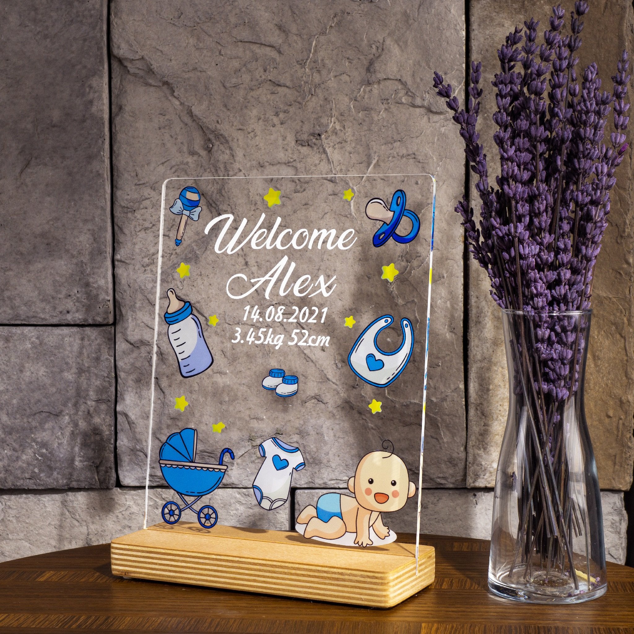 Personalized birth gift for boy with high-quality UV printing Wooden standee &amp; gift box 