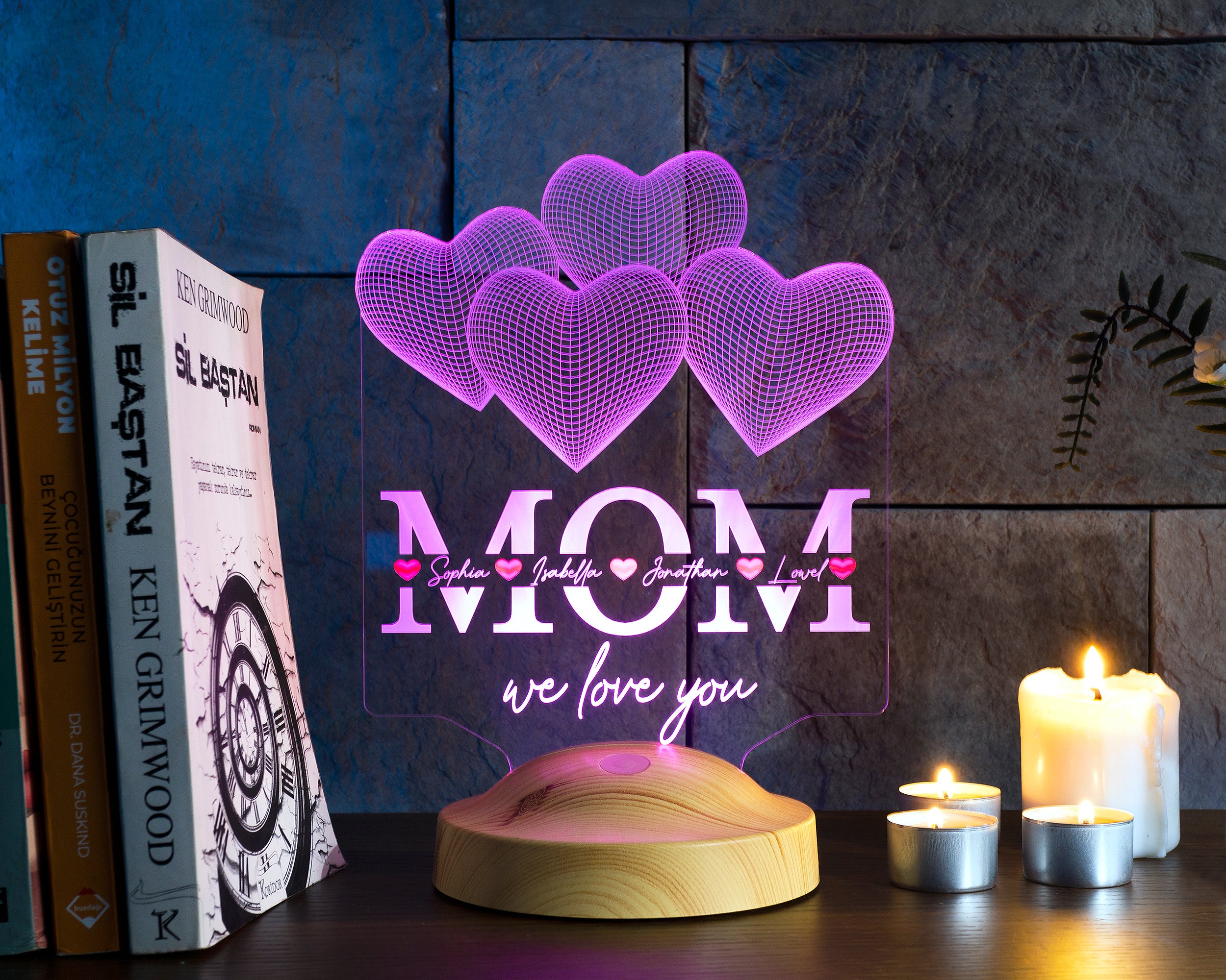 Four Hearts Personalized LED Gift Lamp for Mom Mom with High Quality UV Printing as Mother's Day Gift 