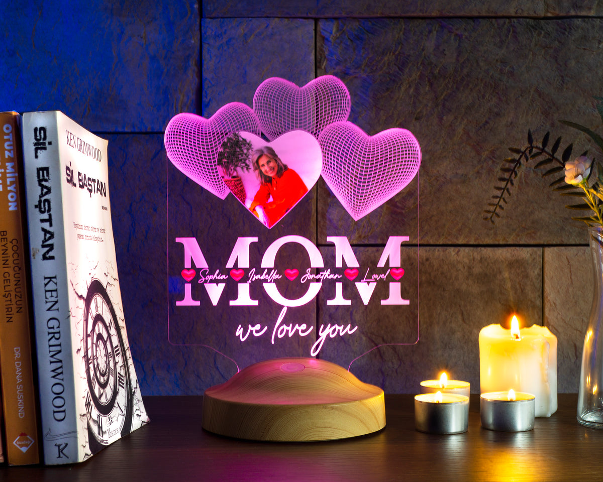 Four hearts personalized LED photo lamp for mother, mom with high-quality UV printing as a mother's day gift 