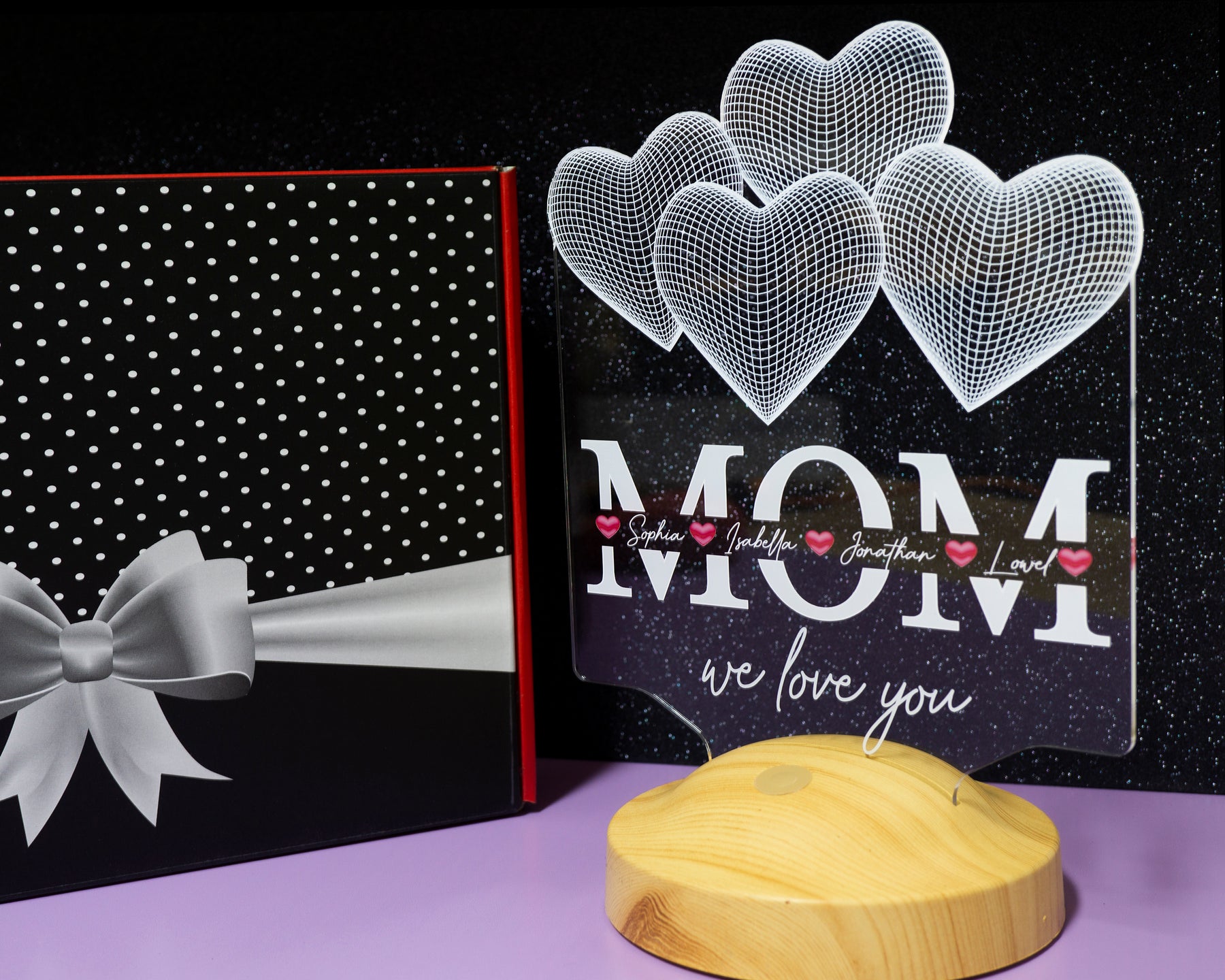 Four Hearts Personalized LED Gift Lamp for Mom Mom with High Quality UV Printing as Mother's Day Gift 