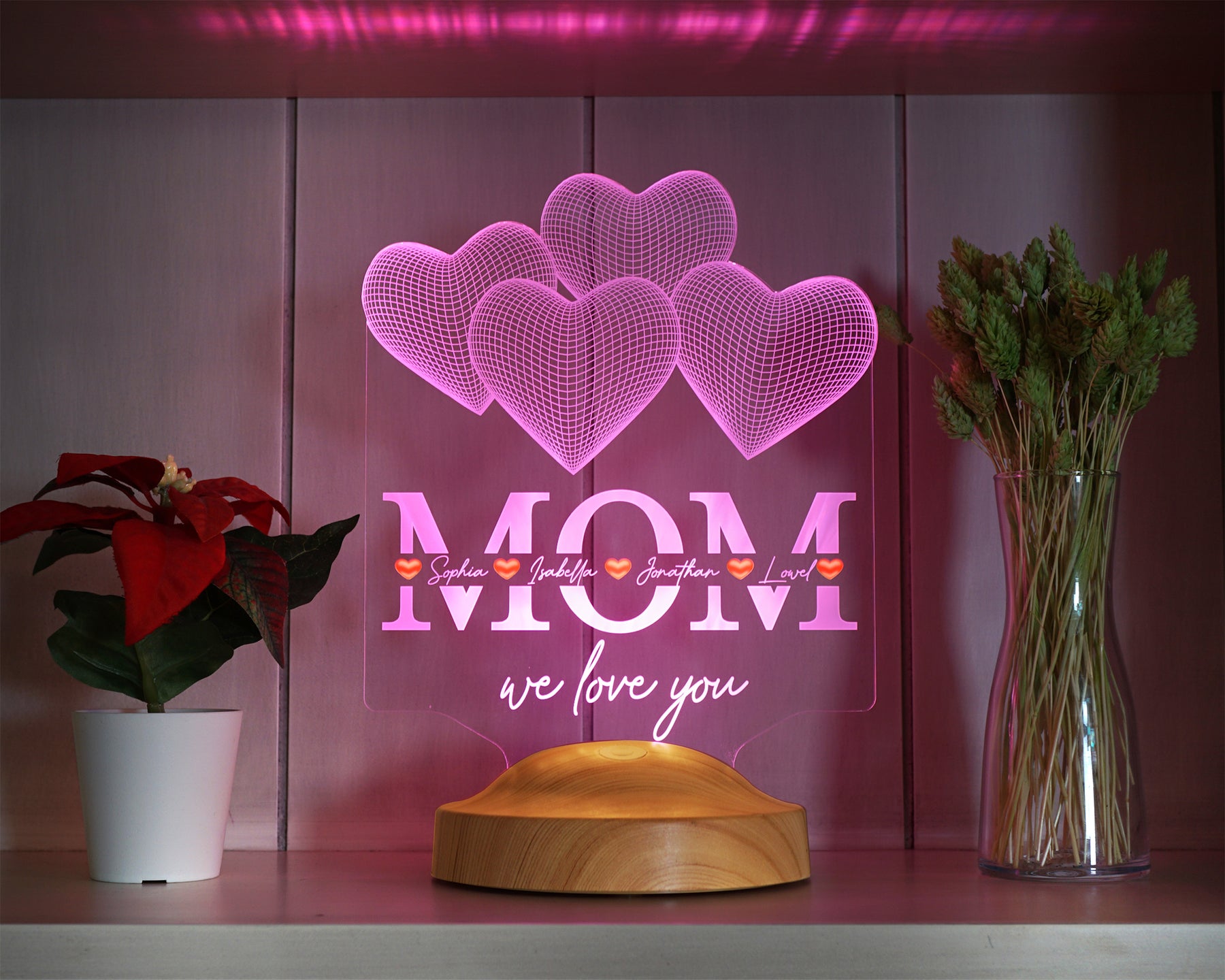 Four Hearts Personalized LED Gift Lamp for Mom Mom with High Quality UV Printing as Mother's Day Gift 