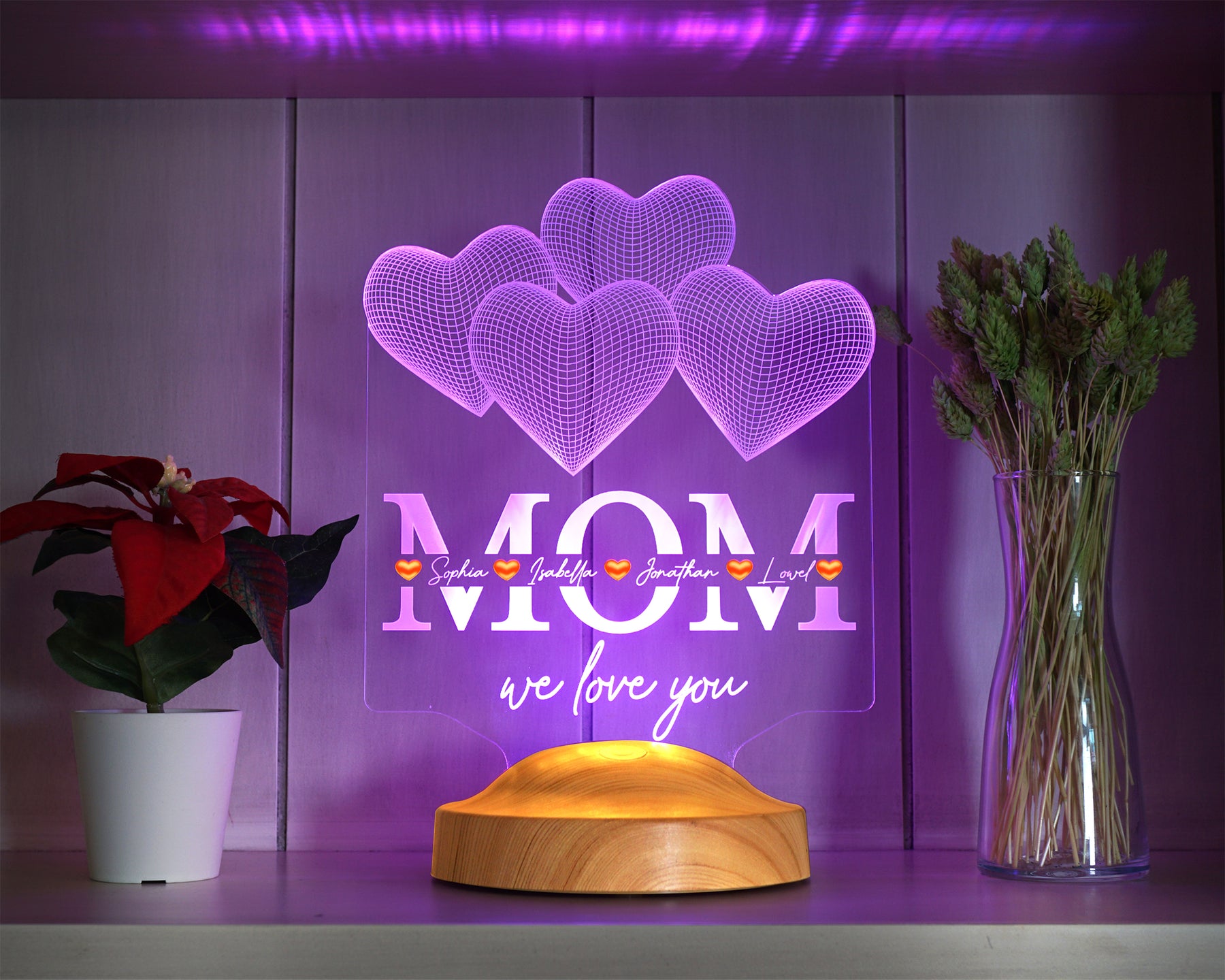 Four Hearts Personalized LED Gift Lamp for Mom Mom with High Quality UV Printing as Mother's Day Gift 