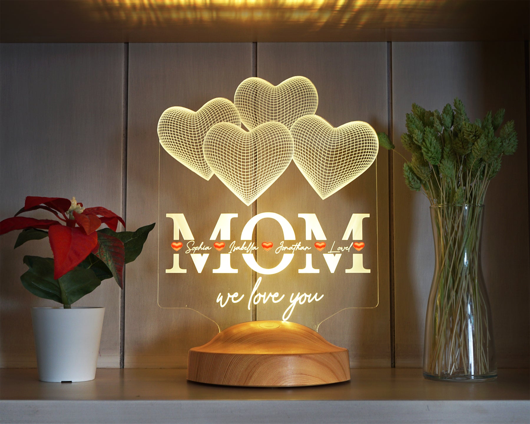 Four Hearts Personalized LED Gift Lamp for Mom Mom with High Quality UV Printing as Mother's Day Gift 