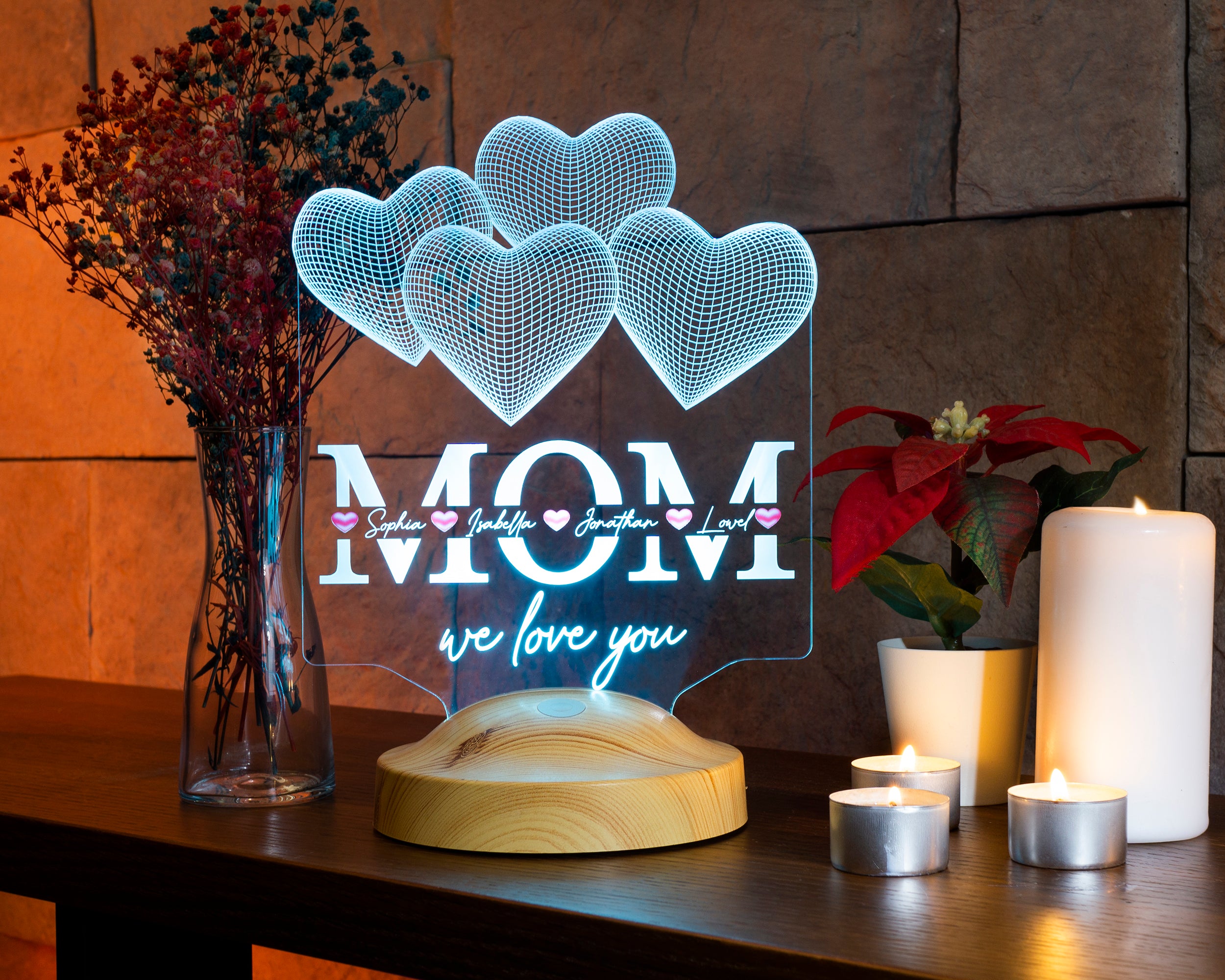Four Hearts Personalized LED Gift Lamp for Mom Mom with High Quality UV Printing as Mother's Day Gift 